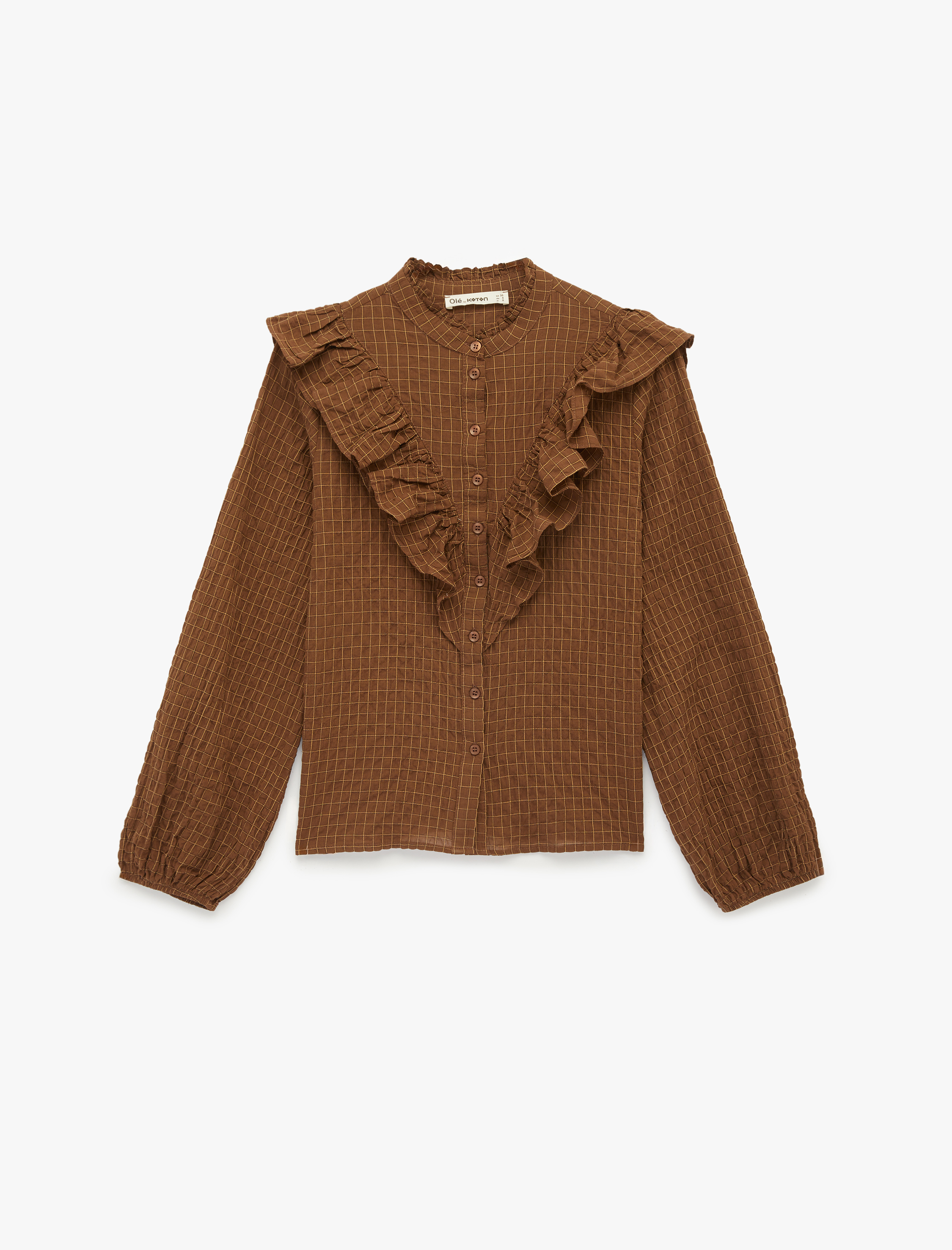   Düğmeli Uzun Kollu Fırfırlı Yaka Pamuklu Kareli Gömlek