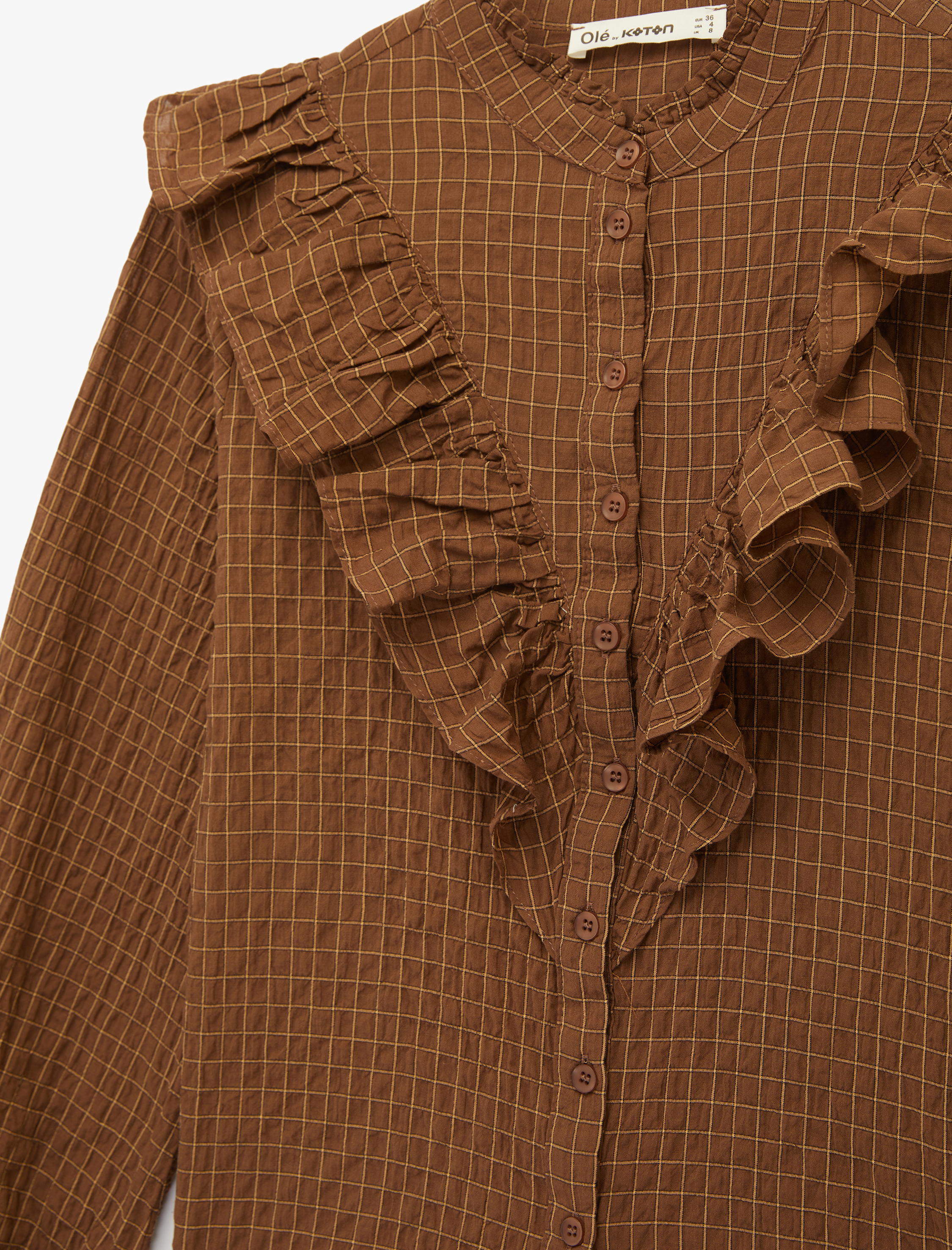   Düğmeli Uzun Kollu Fırfırlı Yaka Pamuklu Kareli Gömlek