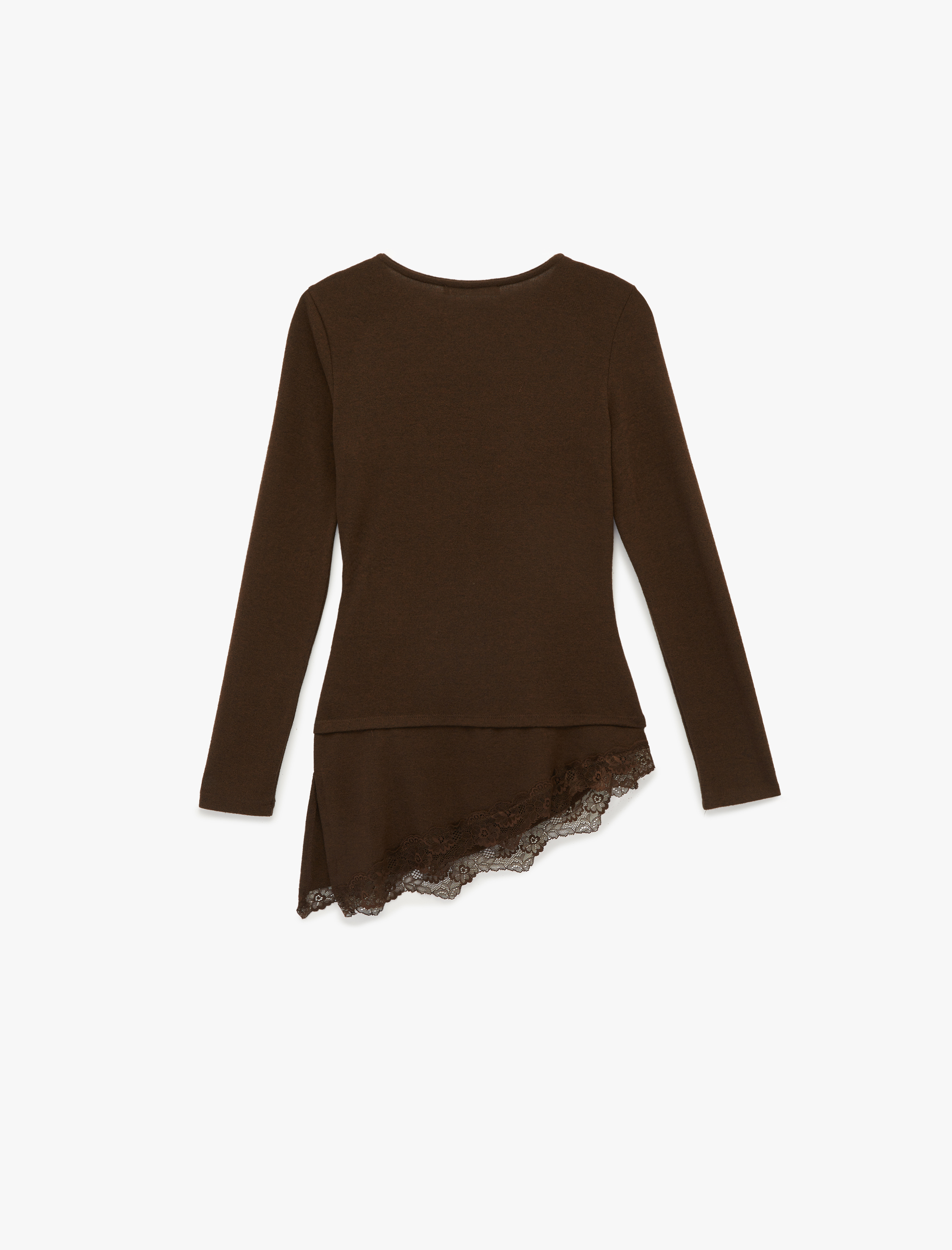   Slim Fit Uzun Kollu Viskon Karışımlı Dantel Detaylı Asimetrik Tişört