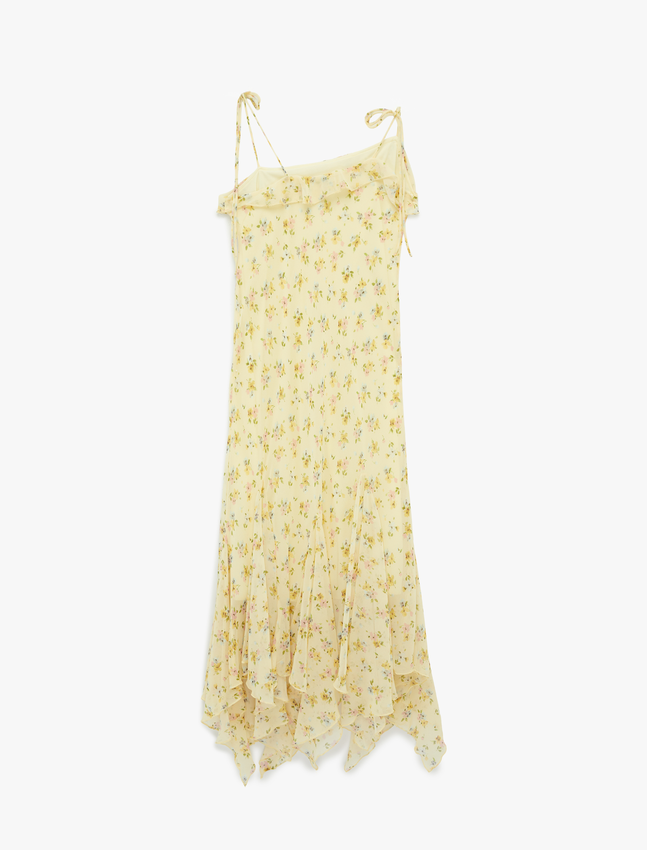   Asimetrik Kesim İp Askılı Kolsuz Şifon Çiçekli Uzun Elbise