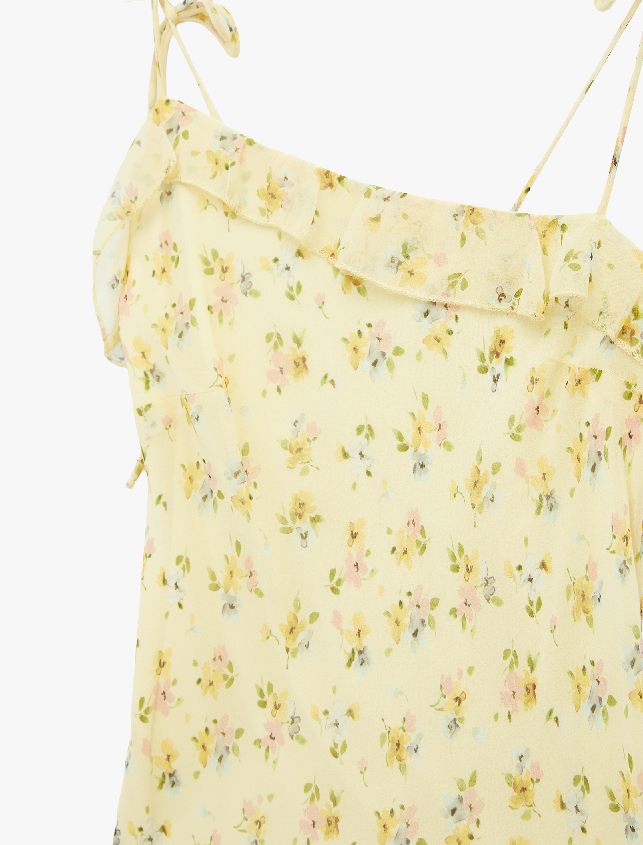   Asimetrik Kesim İp Askılı Kolsuz Şifon Çiçekli Uzun Elbise