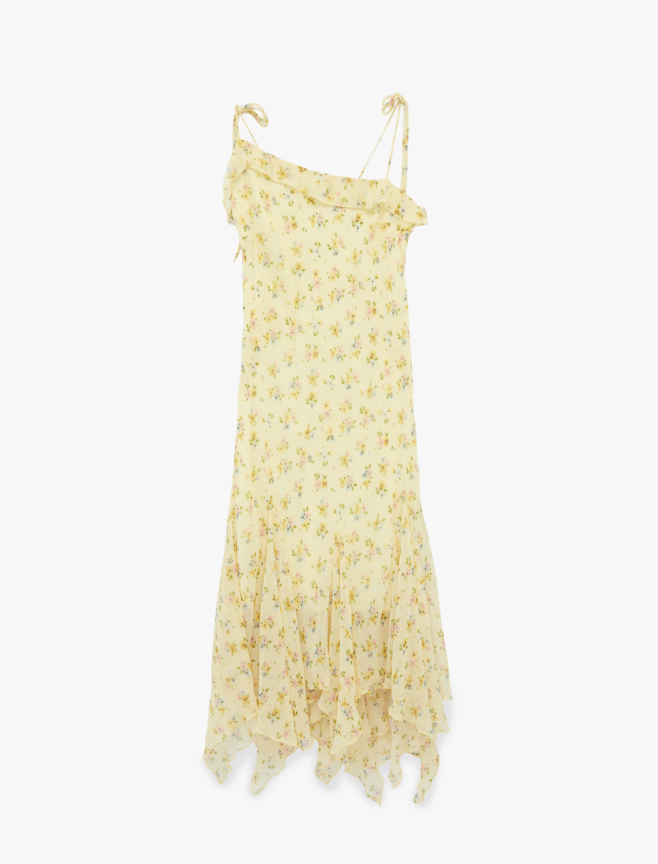   Asimetrik Kesim İp Askılı Kolsuz Şifon Çiçekli Uzun Elbise