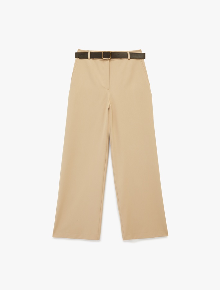  Kemer Detaylı Cepli Düz Bol Paça Kumaş Pantolon