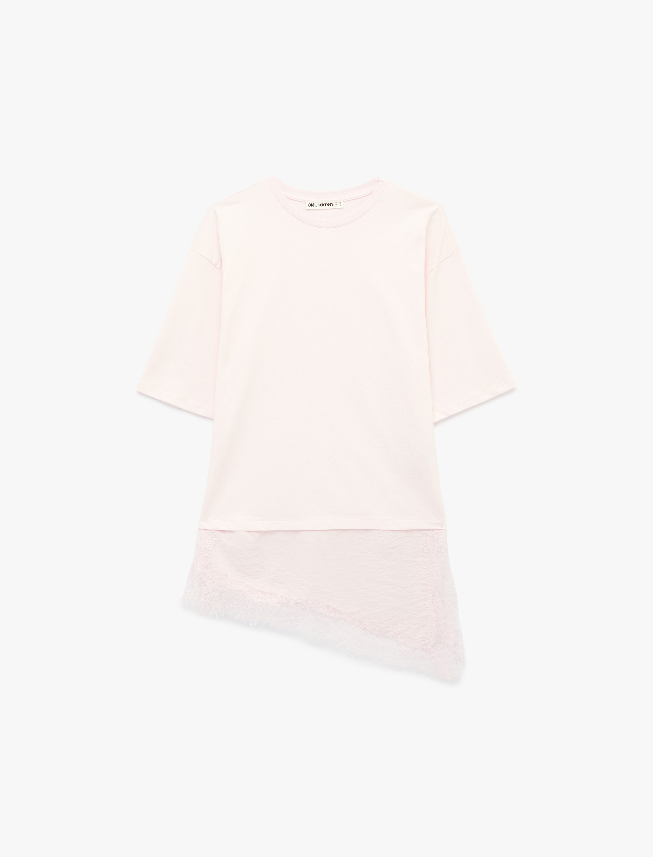   Regular Fit Kısa Kollu Bisiklet Yaka Asimetrik Dantel Detaylı Tişört