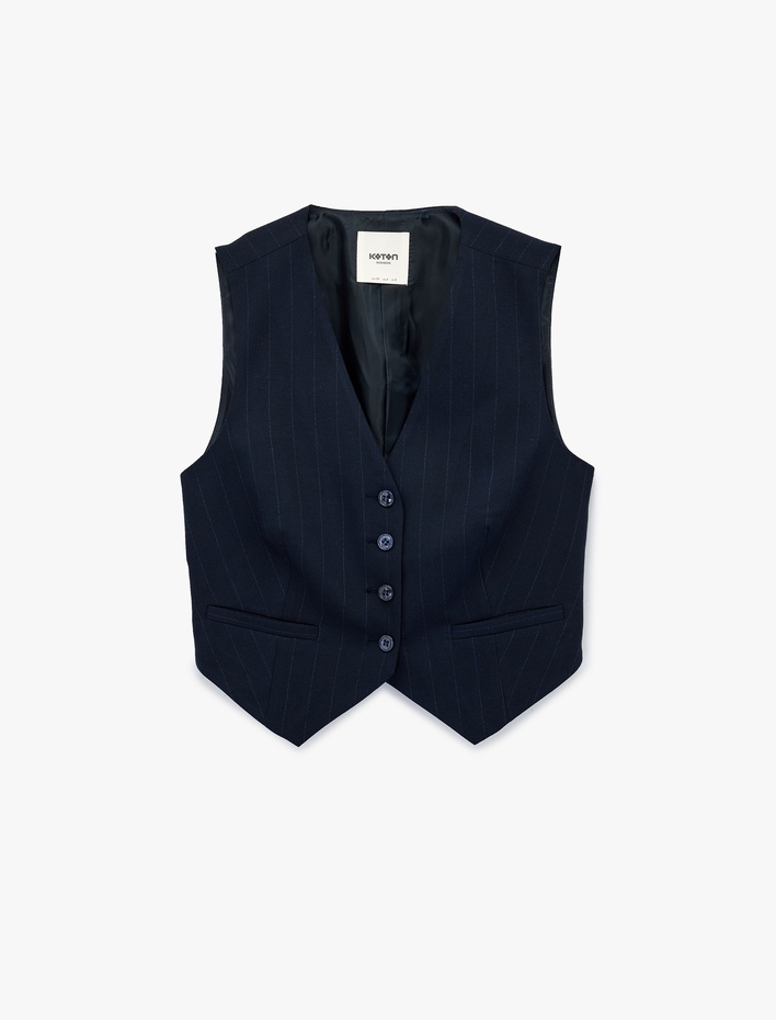  Regular Fit Kolsuz Düğmeli Koyun Yünü Karışımlı Cepli V Yaka Yelek