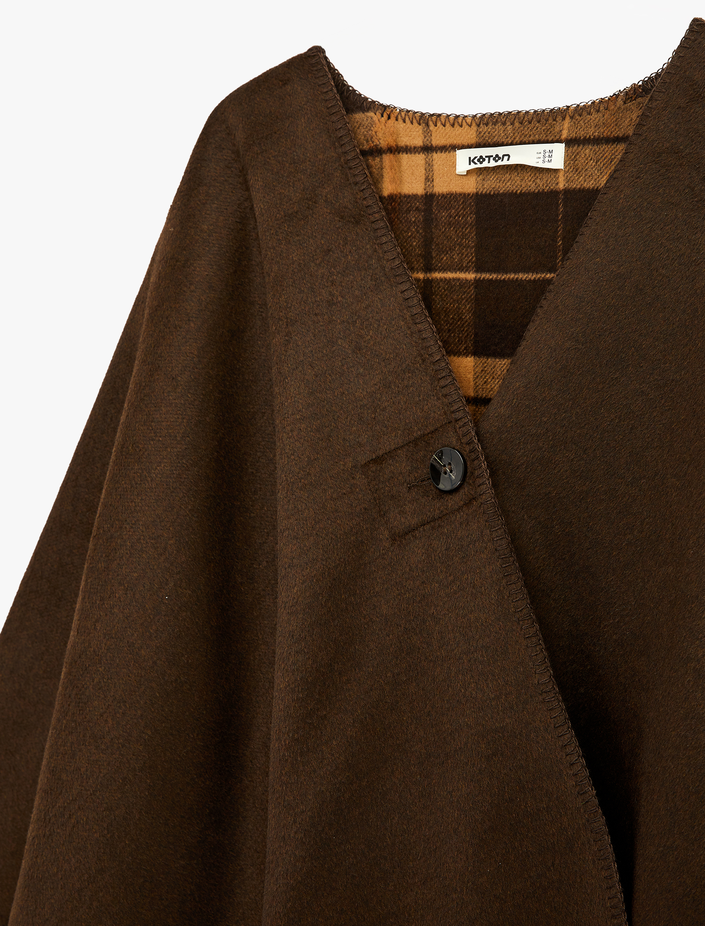   Düğmeli 3/4 Yarasa Kol V Yaka Kaşe Oversize Panço Ceket