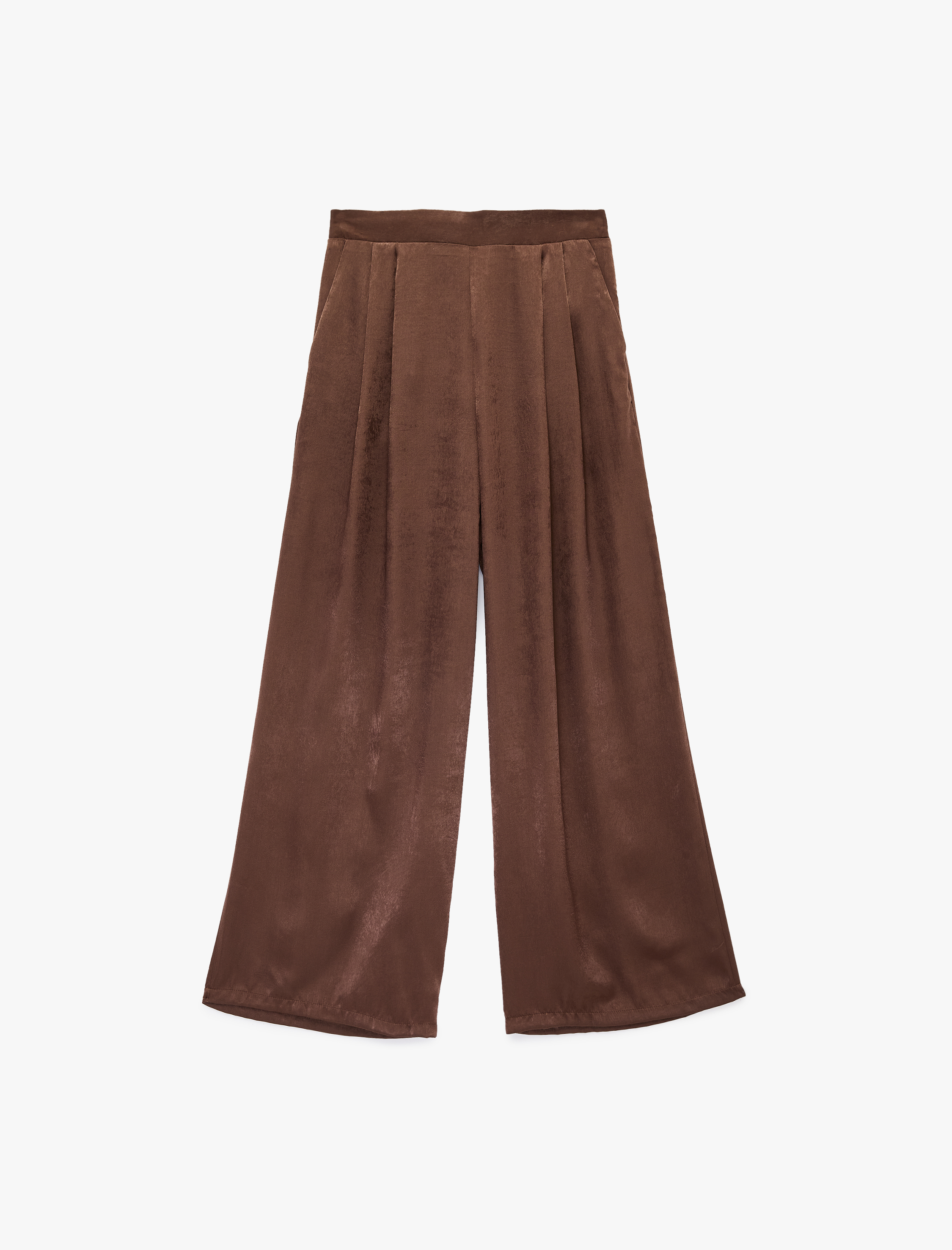   Normal Bel Pileli Cep Detaylı Geniş Paça Saten Pantolon