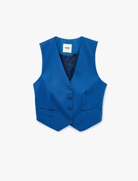 Kolsuz Viskon Karışımlı Düğmeli Cepli V Yaka Yelek