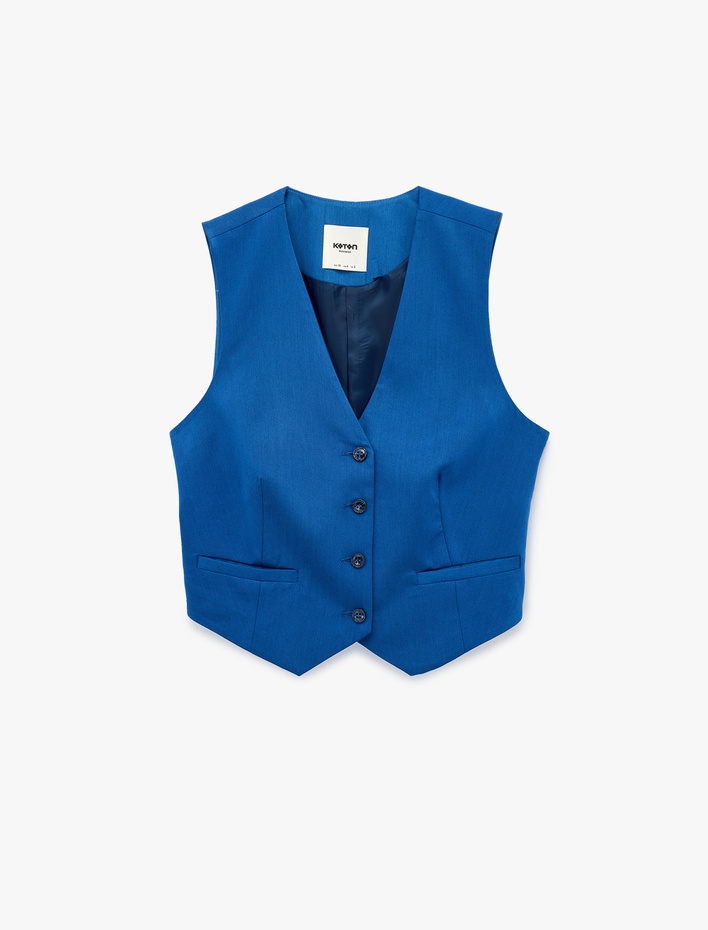  Kolsuz Viskon Karışımlı Düğmeli Cepli V Yaka Yelek