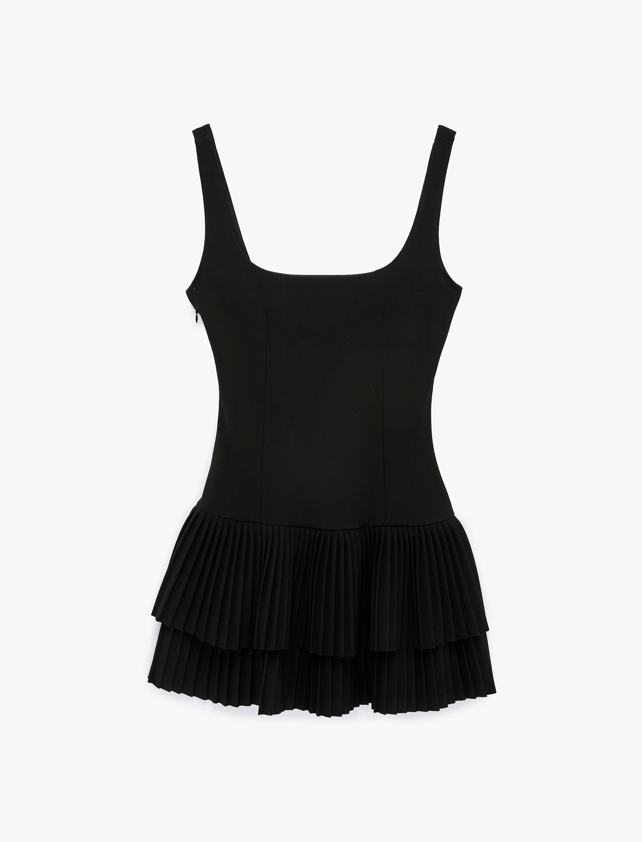   Krep Scuba Kumaş Kare Yaka Katlı Fırfırlı Pileli Askılı Mini Elbise