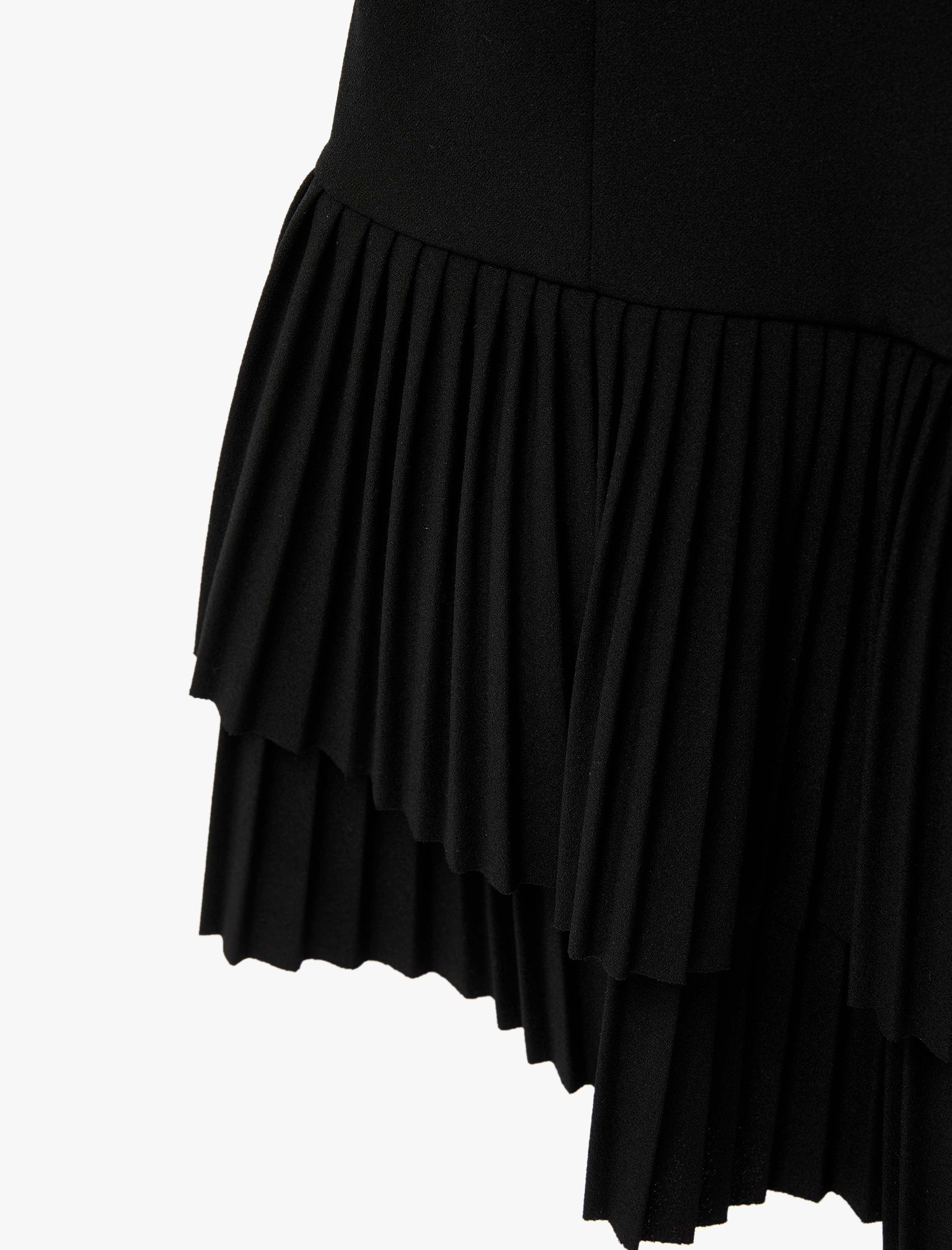   Krep Scuba Kumaş Kare Yaka Katlı Fırfırlı Pileli Askılı Mini Elbise