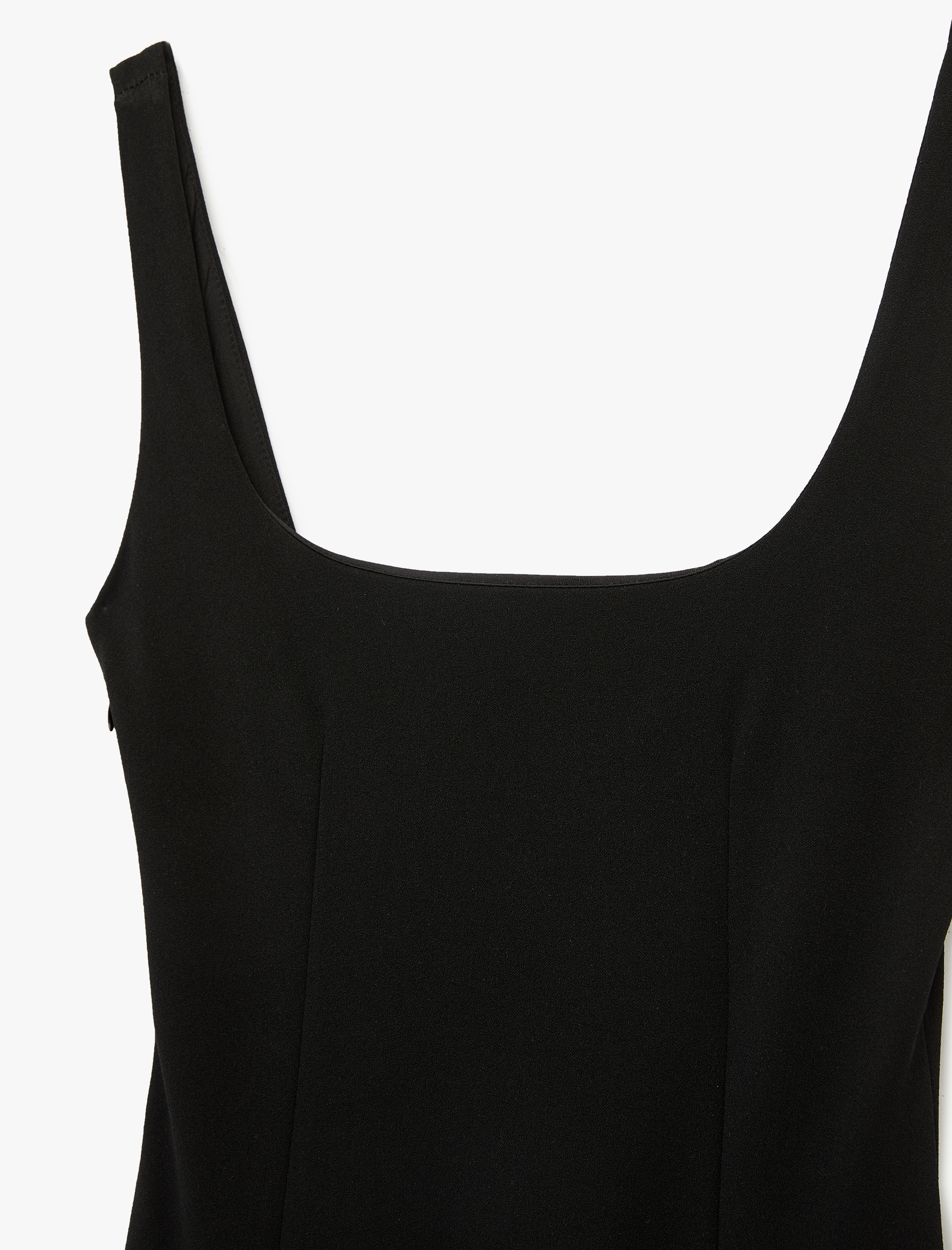   Krep Scuba Kumaş Kare Yaka Katlı Fırfırlı Pileli Askılı Mini Elbise