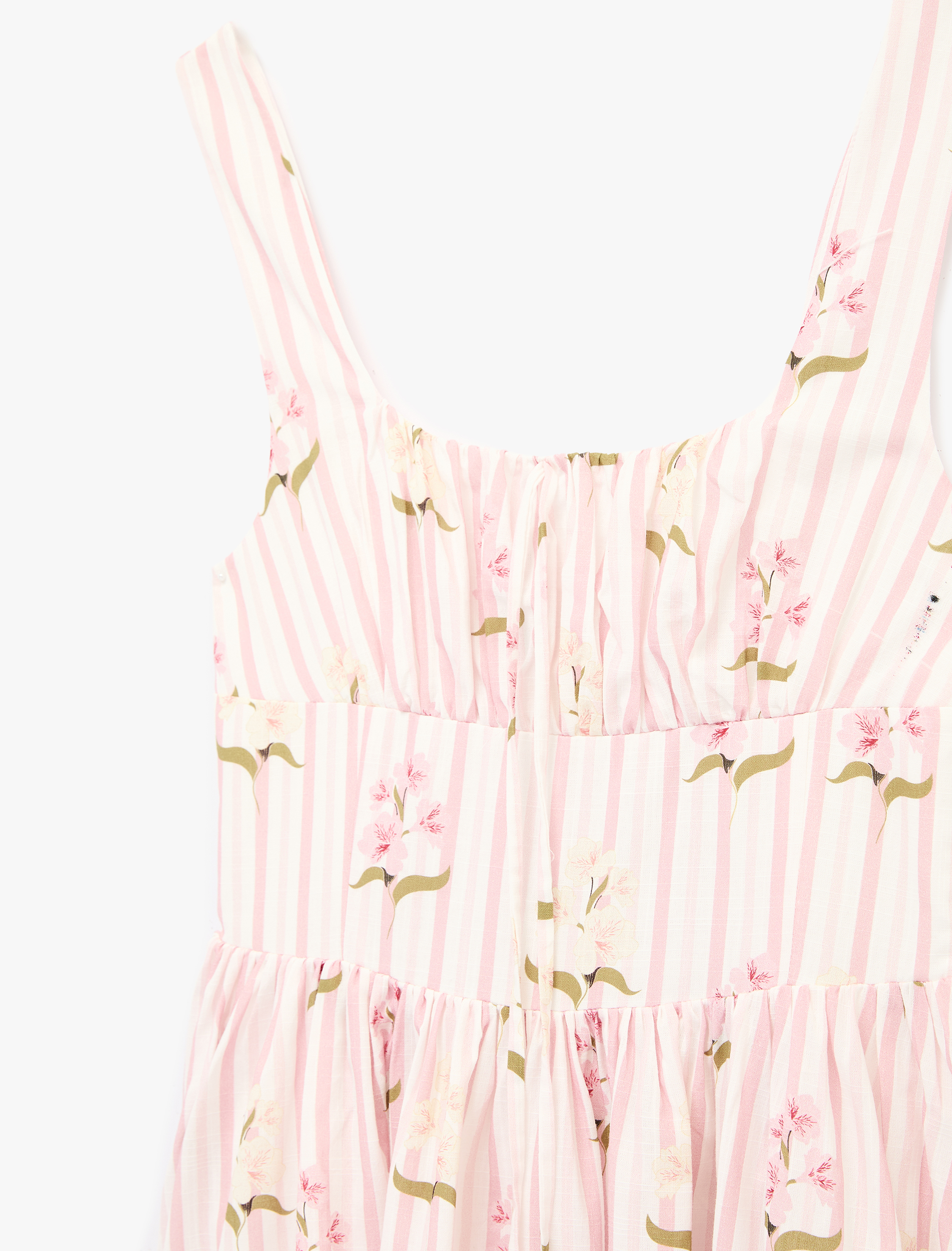   Kalın Askılı U Yaka Gipeli Çiçekli Uzun Elbise