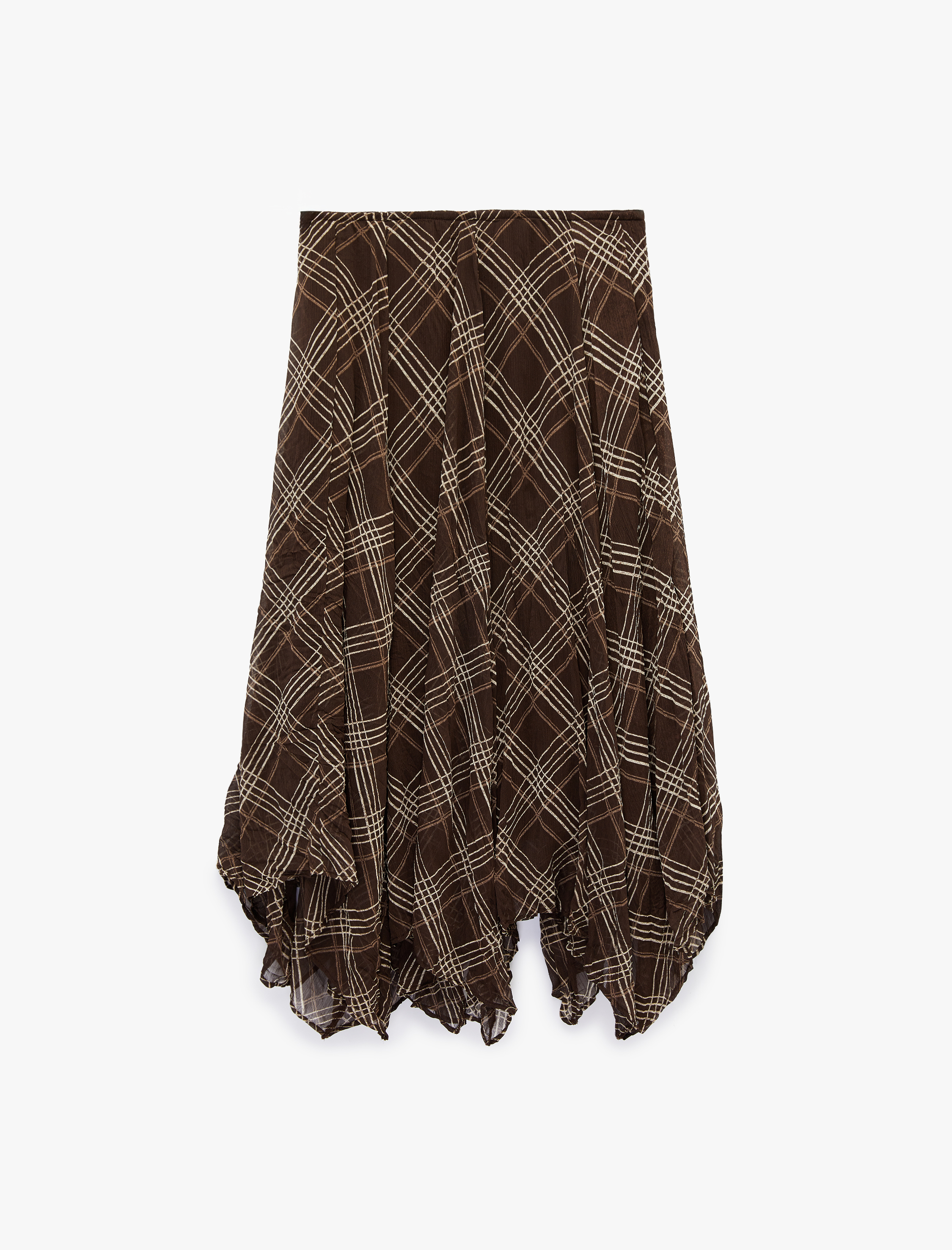   Asimetrik Kesim Ekose Şifon Midi Etek