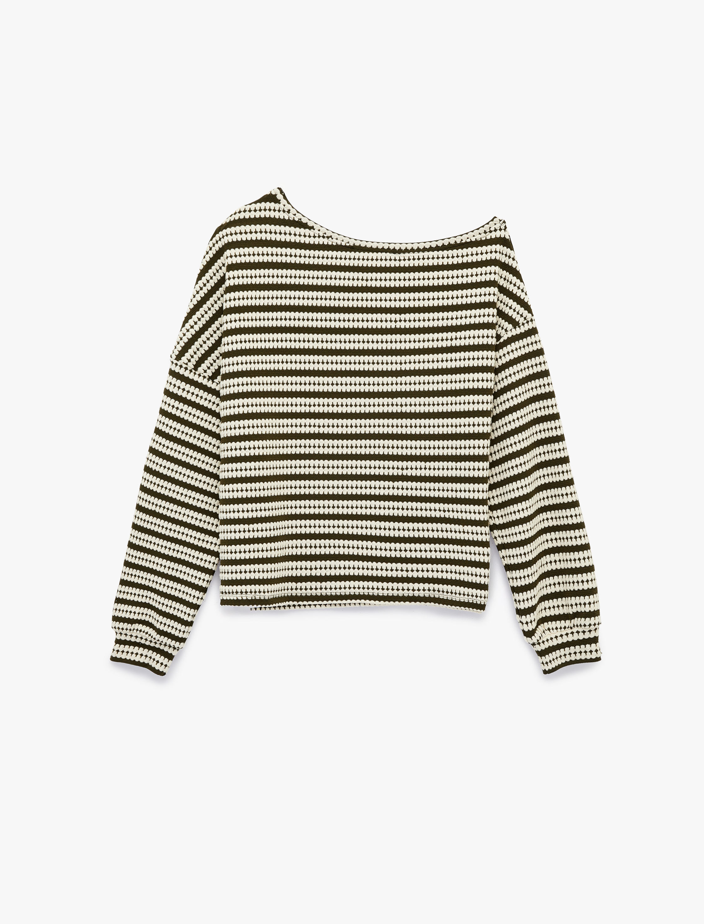   Uzun Kollu Asimetrik Kesim Omzu Açık Çizgili Tişört