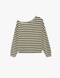 Uzun Kollu Asimetrik Kesim Omzu Açık Çizgili Tişört