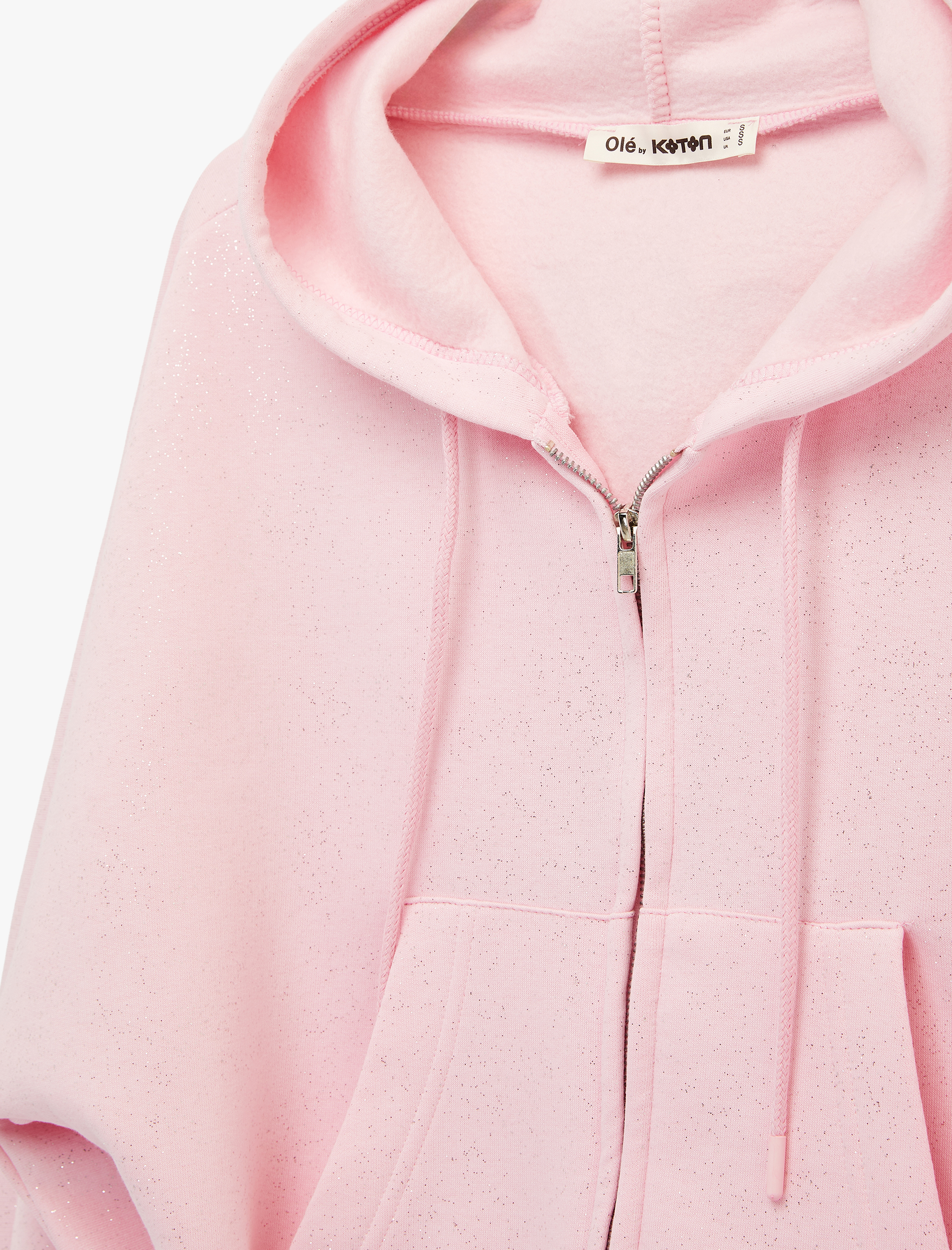   Şardonlu Balon Kol Simli Kanguru Cepli Kapüşonlu Fermuarlı Oversize Sweatshirt