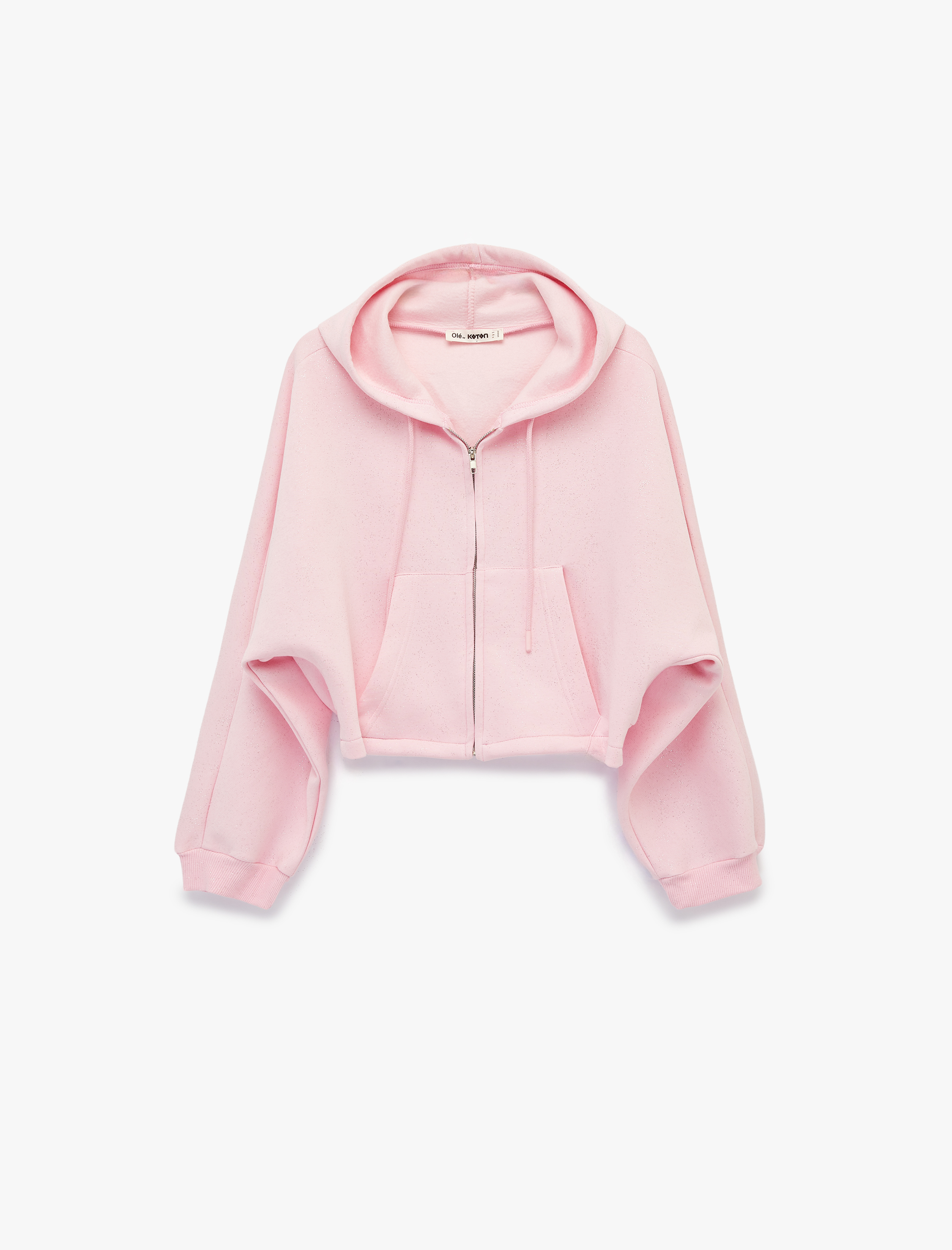   Şardonlu Balon Kol Simli Kanguru Cepli Kapüşonlu Fermuarlı Oversize Sweatshirt