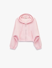 Şardonlu Balon Kol Simli Kanguru Cepli Kapüşonlu Fermuarlı Oversize Sweatshirt