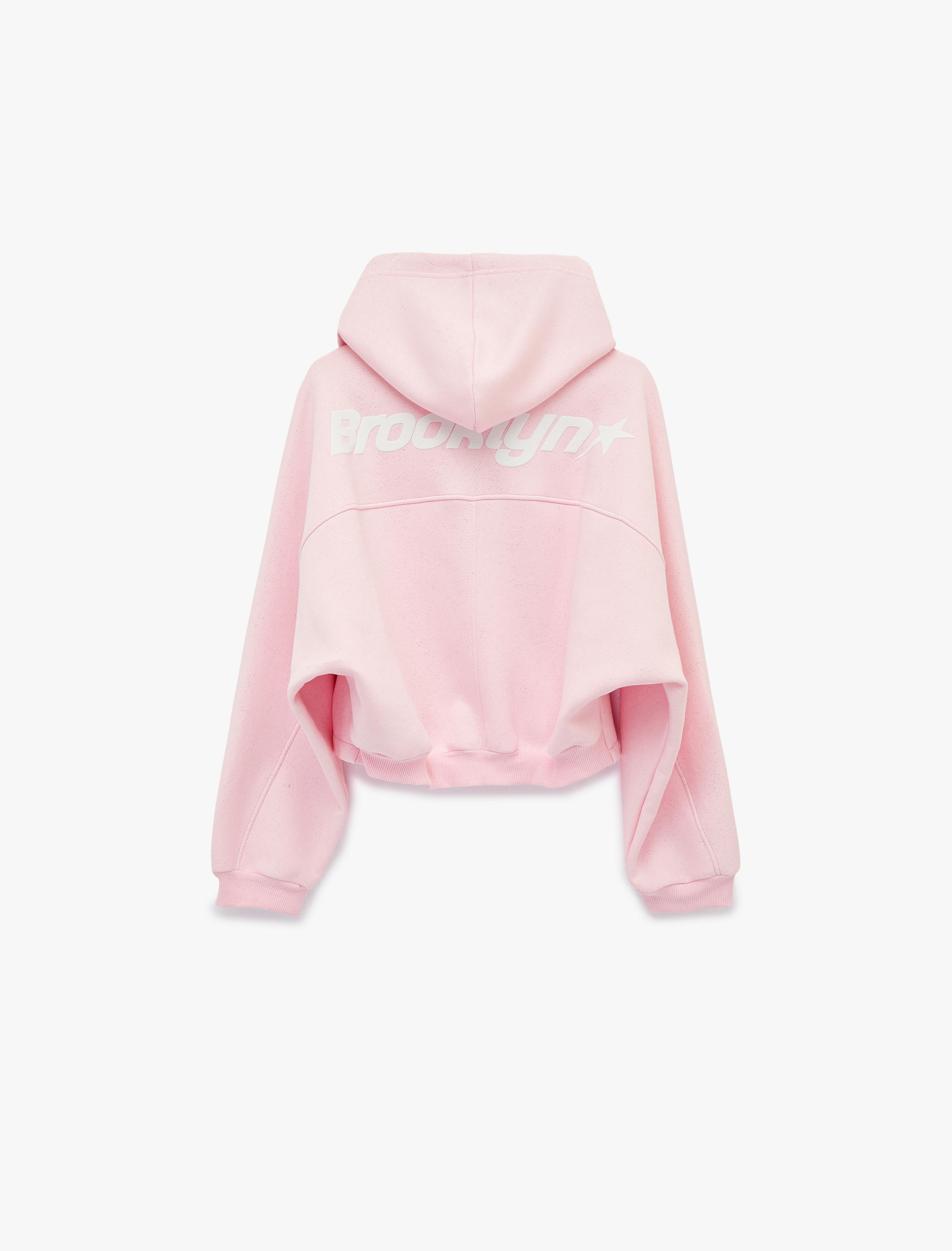   Şardonlu Balon Kol Simli Kanguru Cepli Kapüşonlu Fermuarlı Oversize Sweatshirt