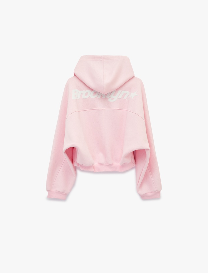  Şardonlu Balon Kol Simli Kanguru Cepli Kapüşonlu Fermuarlı Oversize Sweatshirt