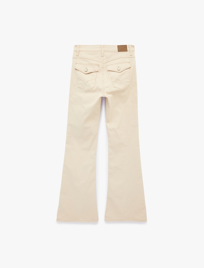  Nervürlü Cepli Düğmeli İspanyol Paça Denim Pantolon - Flare Jeans