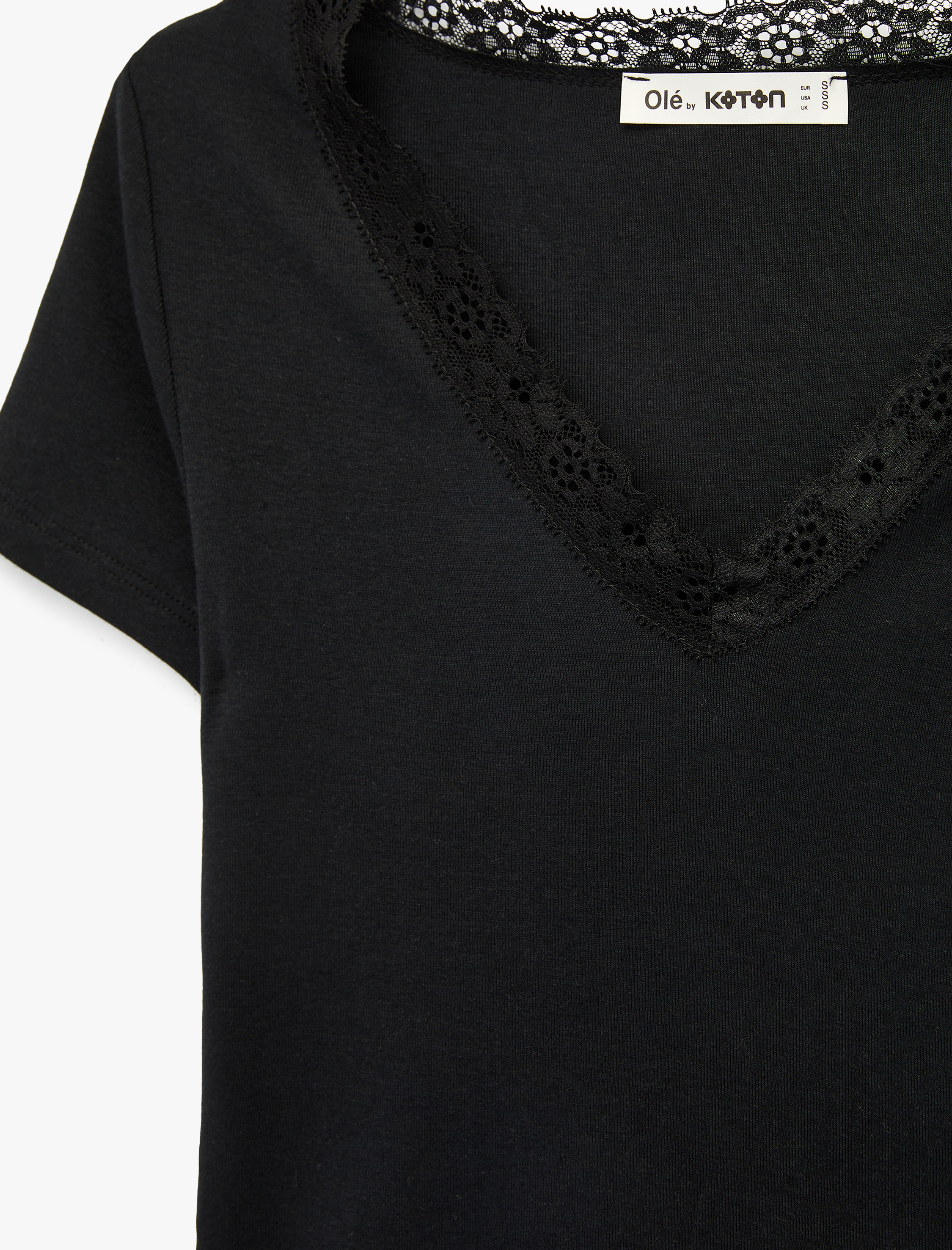   Slim Fit Kısa Kollu V Yaka Dantel Detaylı Tişört