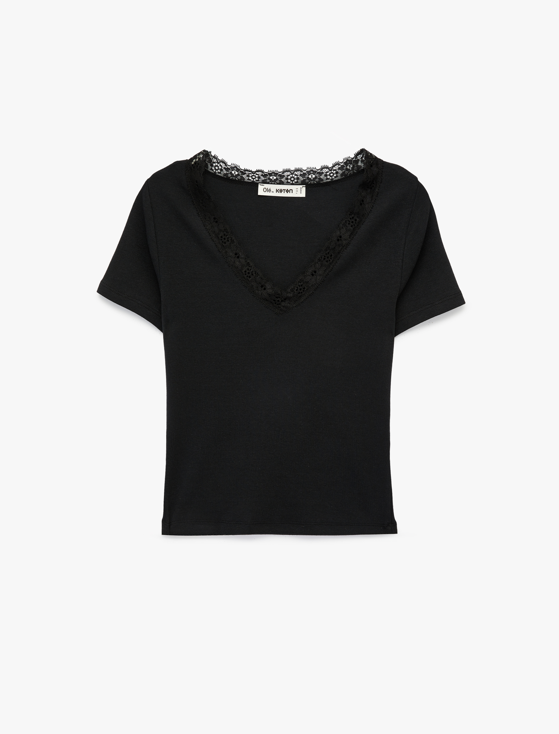   Slim Fit Kısa Kollu V Yaka Dantel Detaylı Tişört