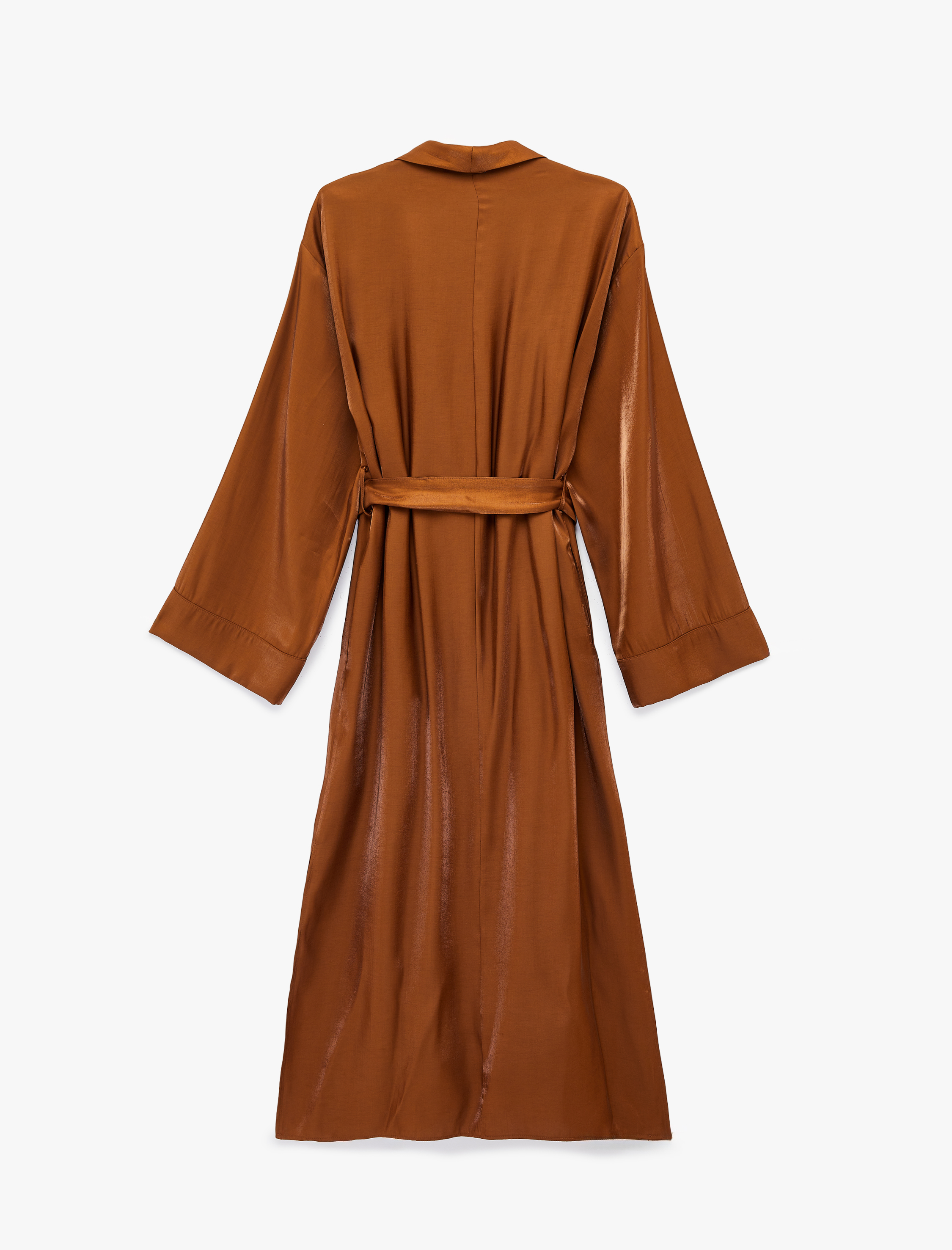   Uzun Geniş Kollu Kuşak Detaylı Uzun Saten Kimono