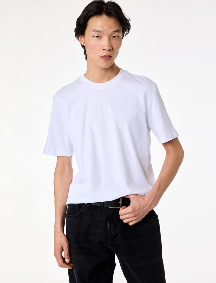  Regular Fit Bisiklet Yaka Pamuklu Baskılı Kısa Kollu Tişört