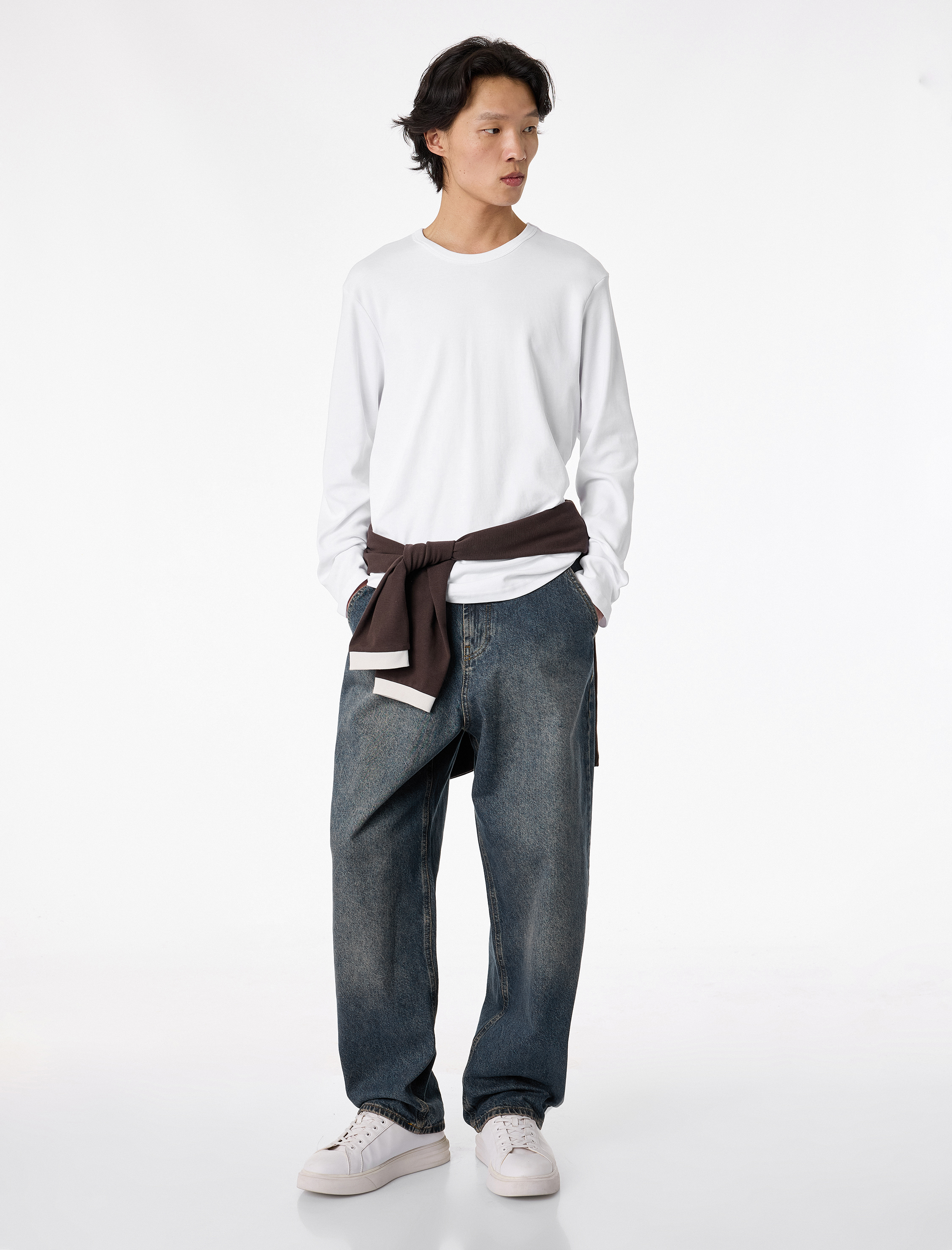   Regular Fit Pamuklu Uzun Kollu Bisiklet Yaka Tişört