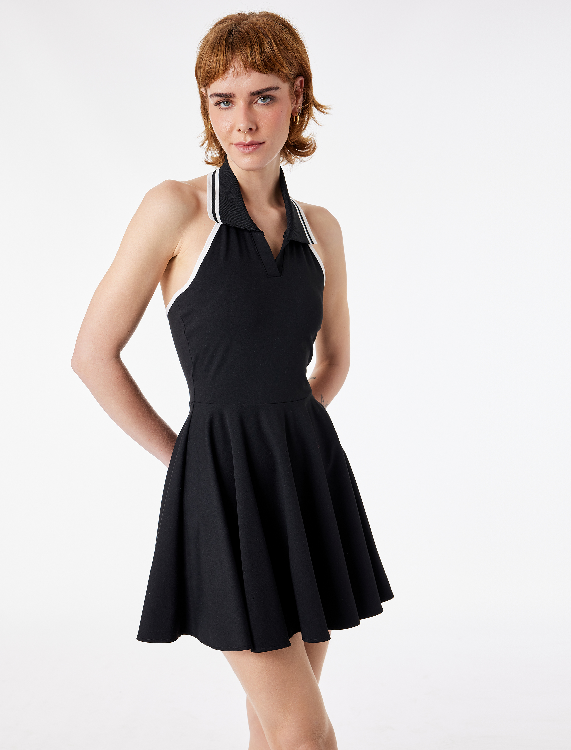   Pileli Kolsuz Slim Fit Polo Yaka Elbise