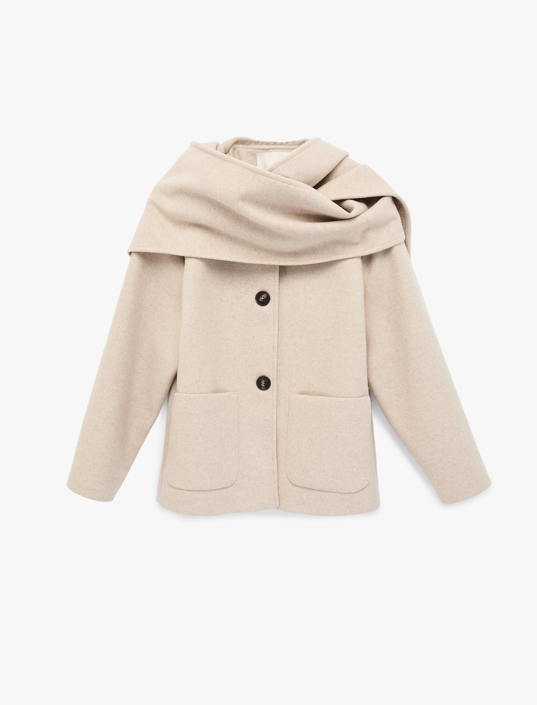   Uzun Kollu Düğmeli Cepli Atkılı Kaşe Ceket