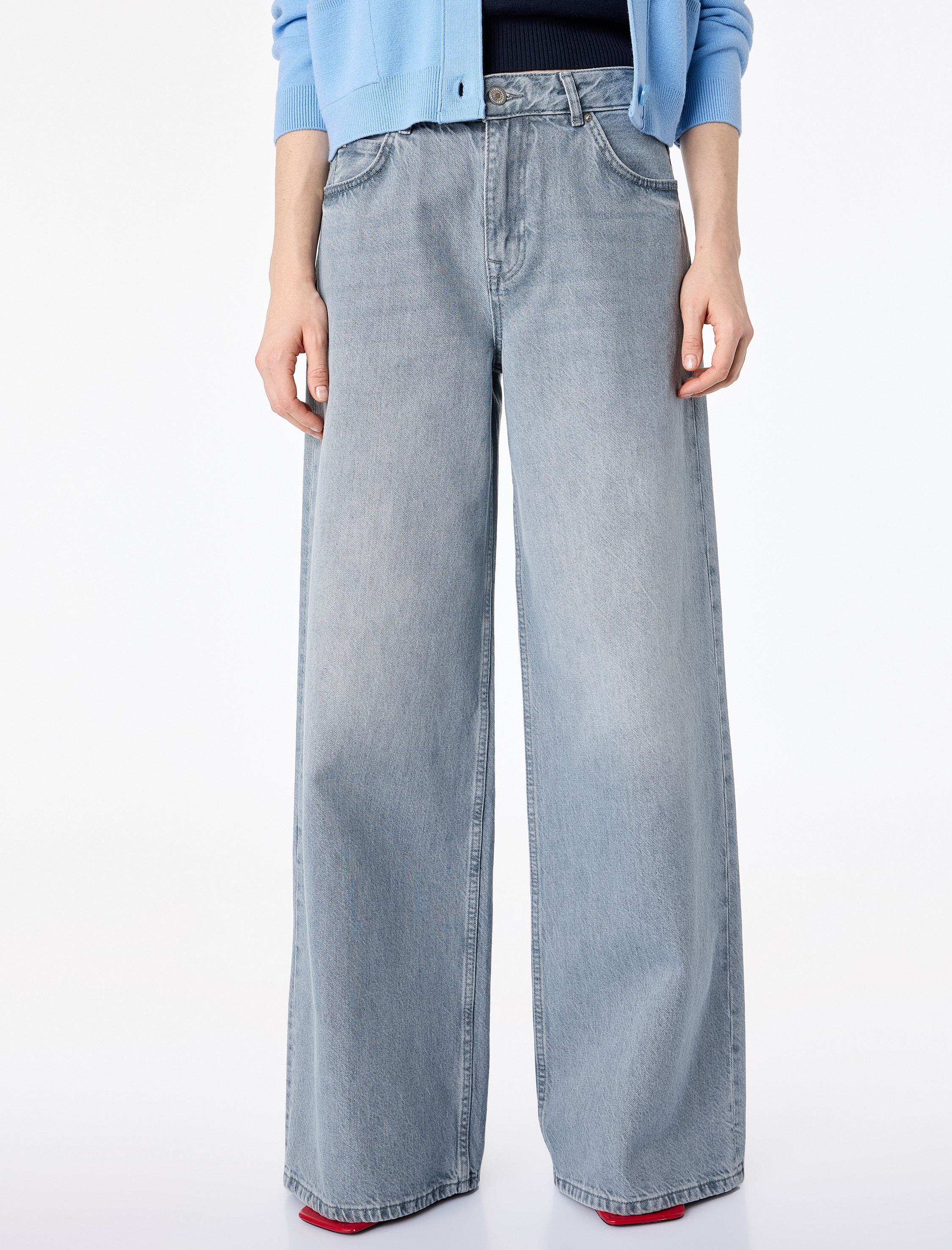   Düz Paça Yüksek Bel Cepli Bol Kalıp Denim Pantolon - Loose Straight Fit Jean