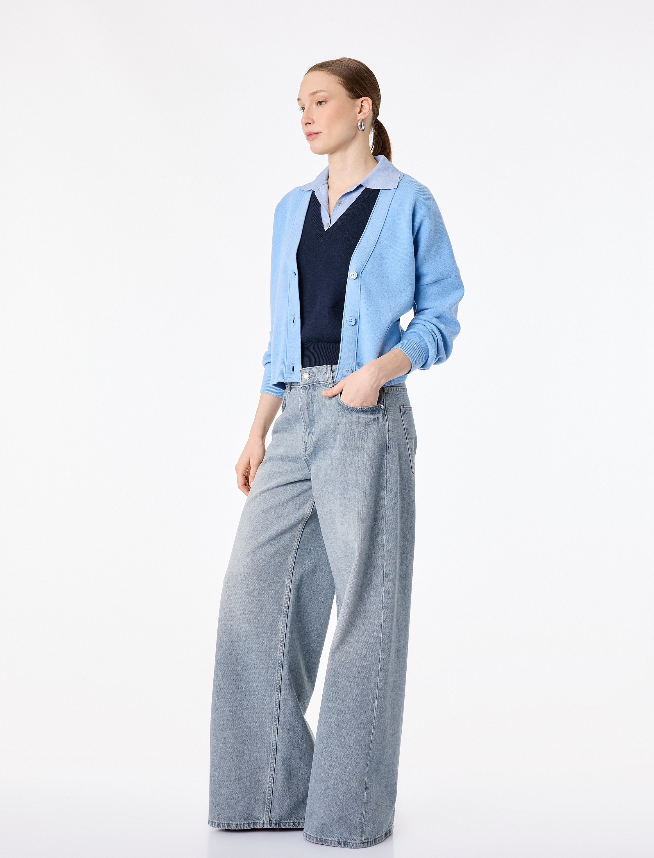   Düz Paça Yüksek Bel Cepli Bol Kalıp Denim Pantolon - Loose Straight Fit Jean