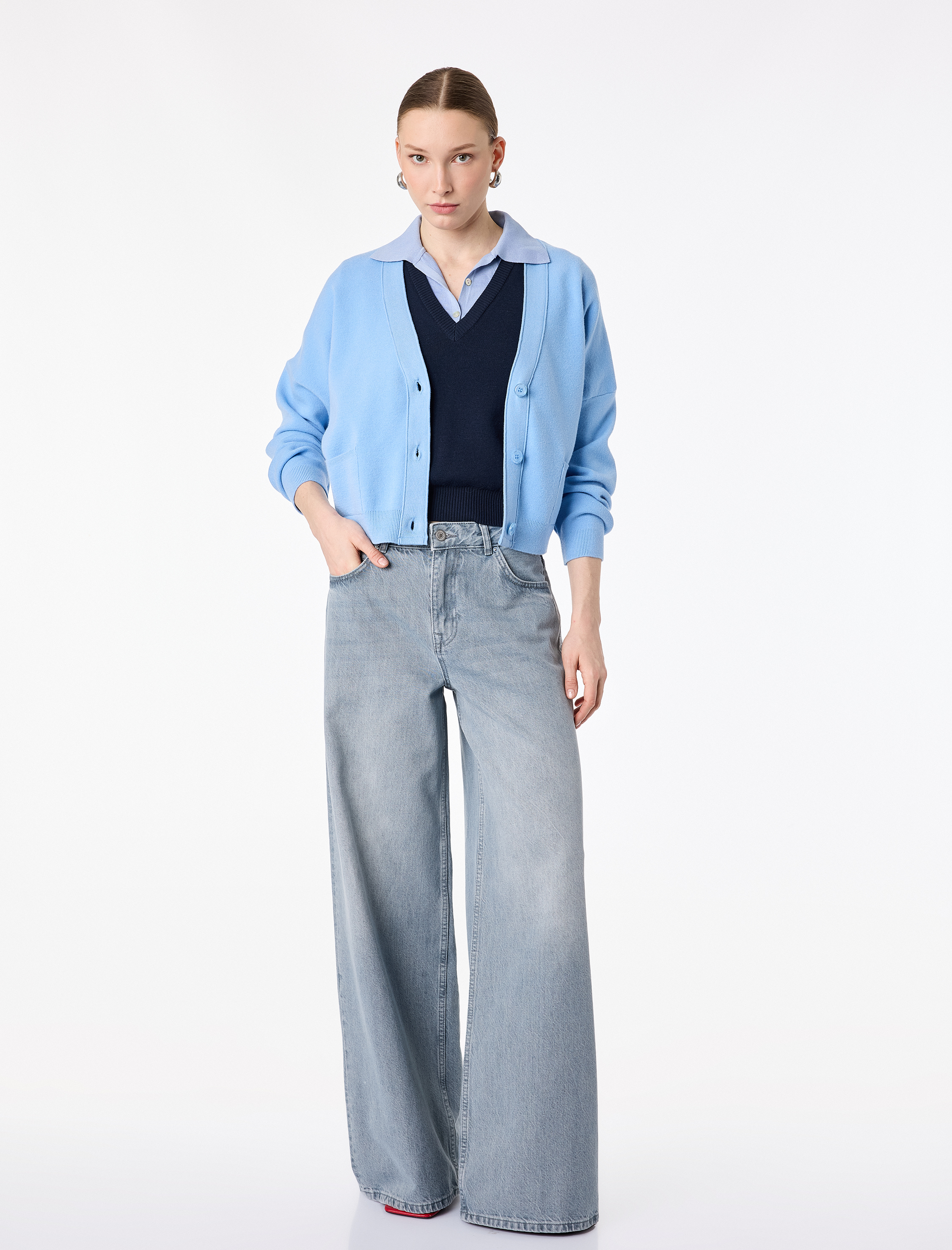   Düz Paça Yüksek Bel Cepli Bol Kalıp Denim Pantolon - Loose Straight Fit Jean