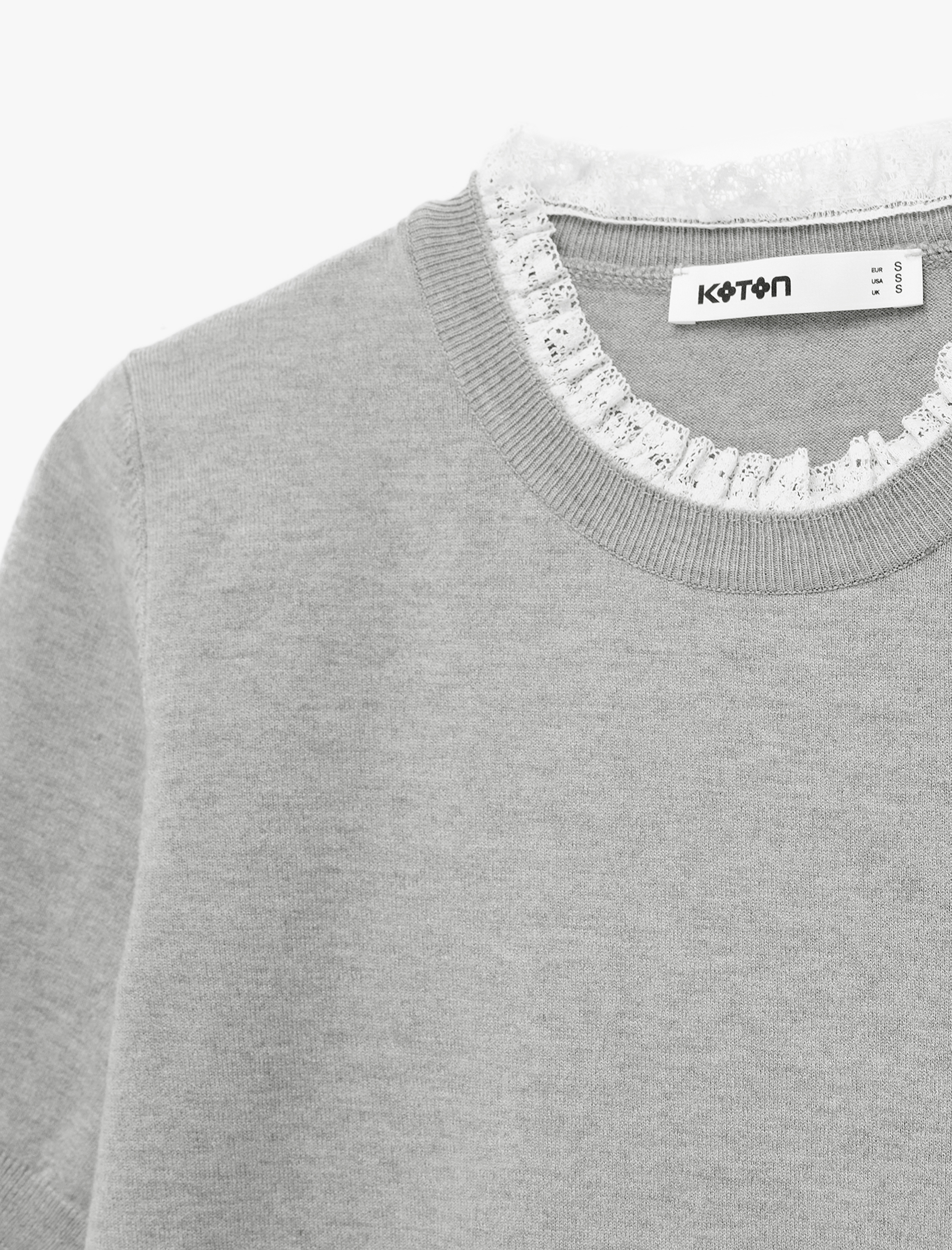   Koyun Yünü Karışımlı Kısa Kollu Dantel Detaylı Bisiklet Yaka Triko Kazak