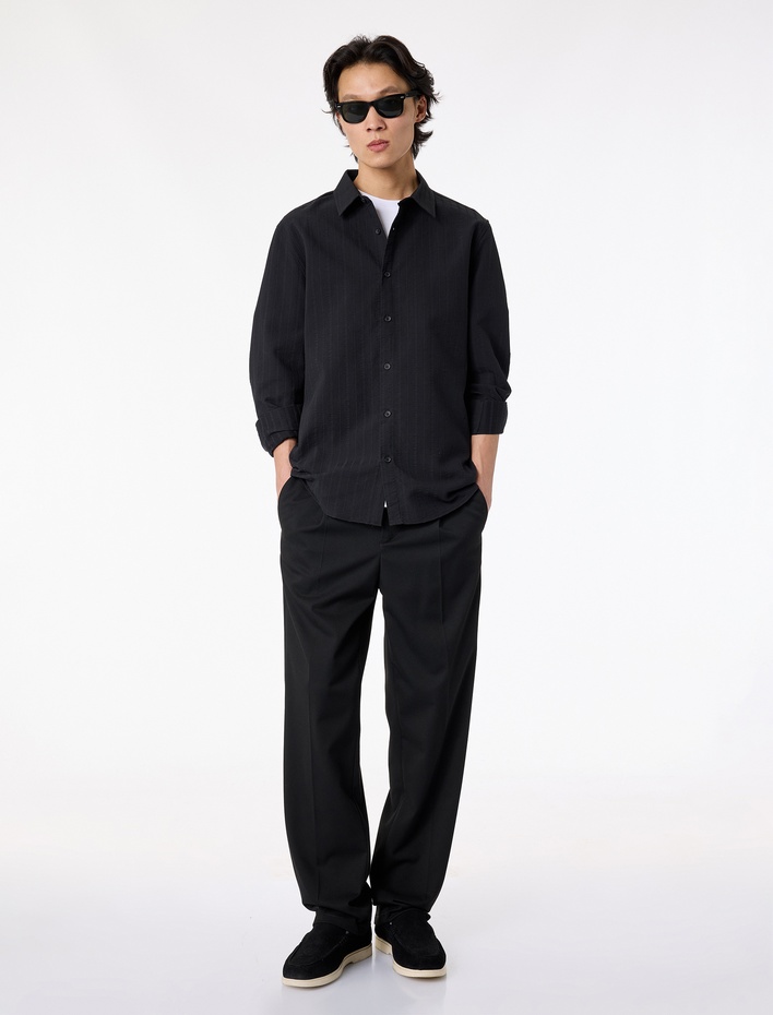  Regular Fit Klasik Yaka Düğmeli Dokulu Uzun Kollu Gömlek