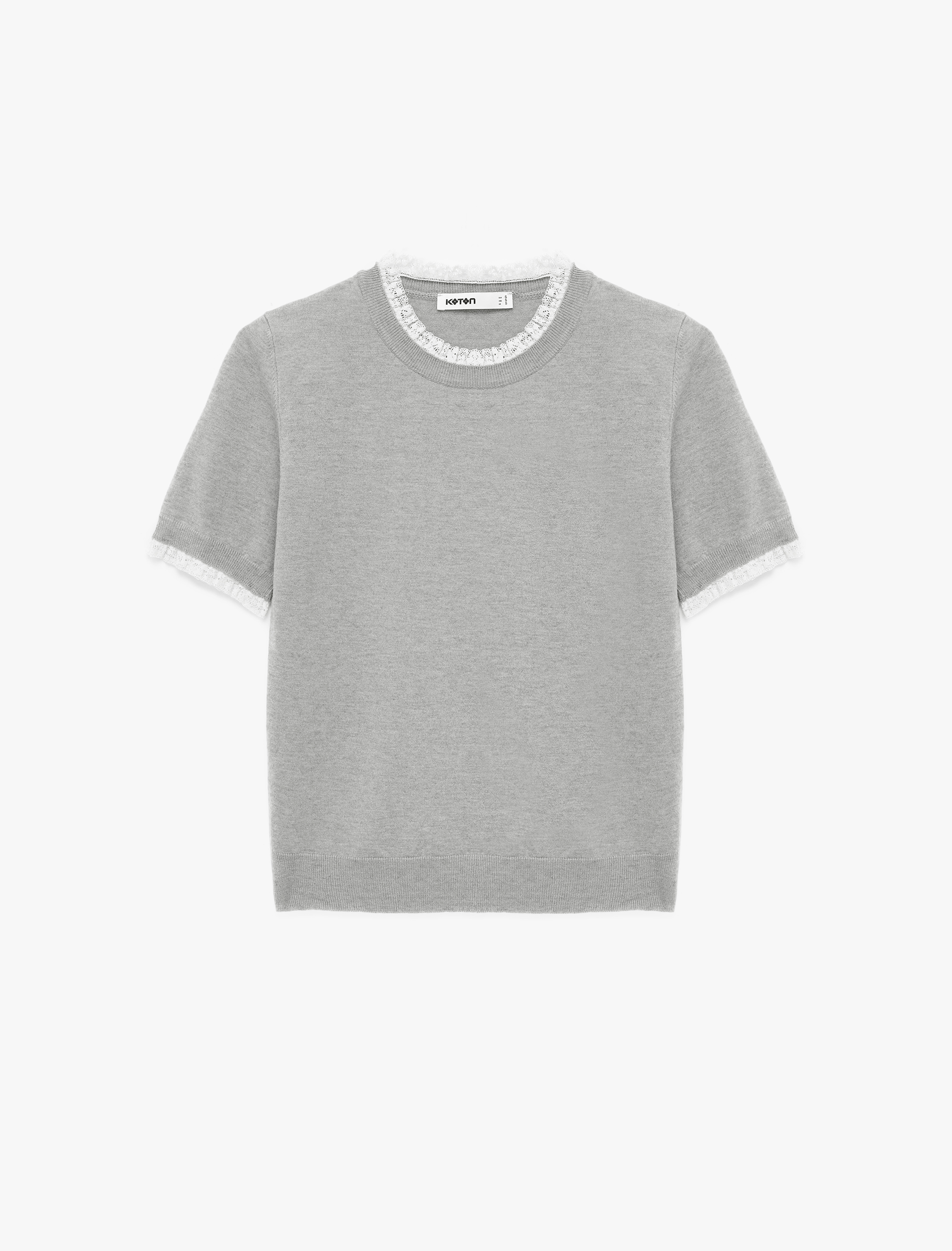   Koyun Yünü Karışımlı Kısa Kollu Dantel Detaylı Bisiklet Yaka Triko Kazak