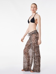 Bol Paça Leopar Desenli Tül Plaj Pantolonu