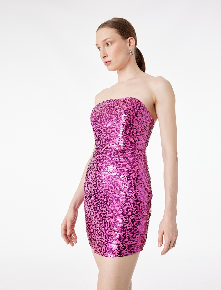  Pullu Payetli Kolsuz Straplez Yaka Bodycon Mini Abiye Elbise