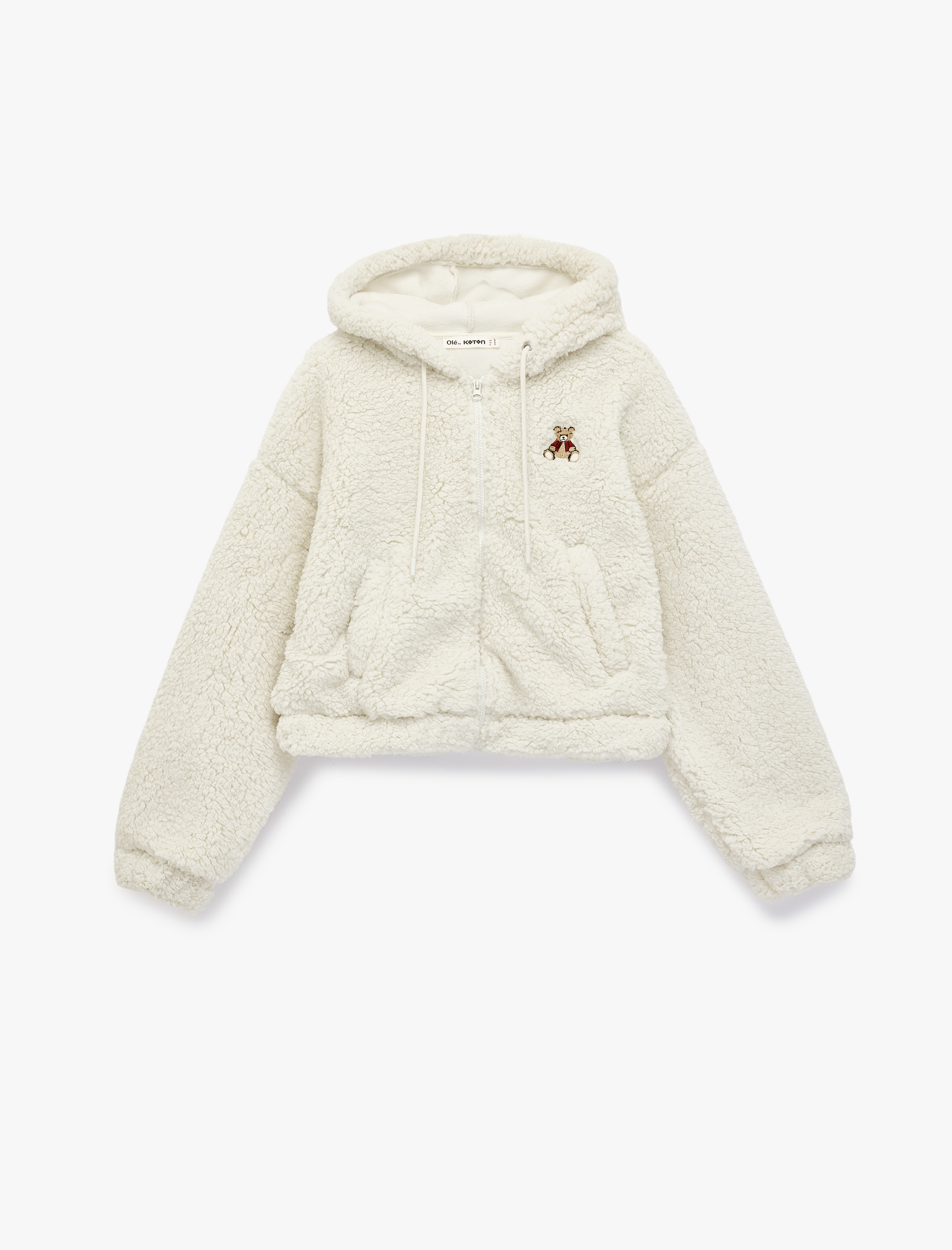   Ayıcık Nakışlı Kapüşonlu Cepli Fermuarlı Crop Peluş Ceket