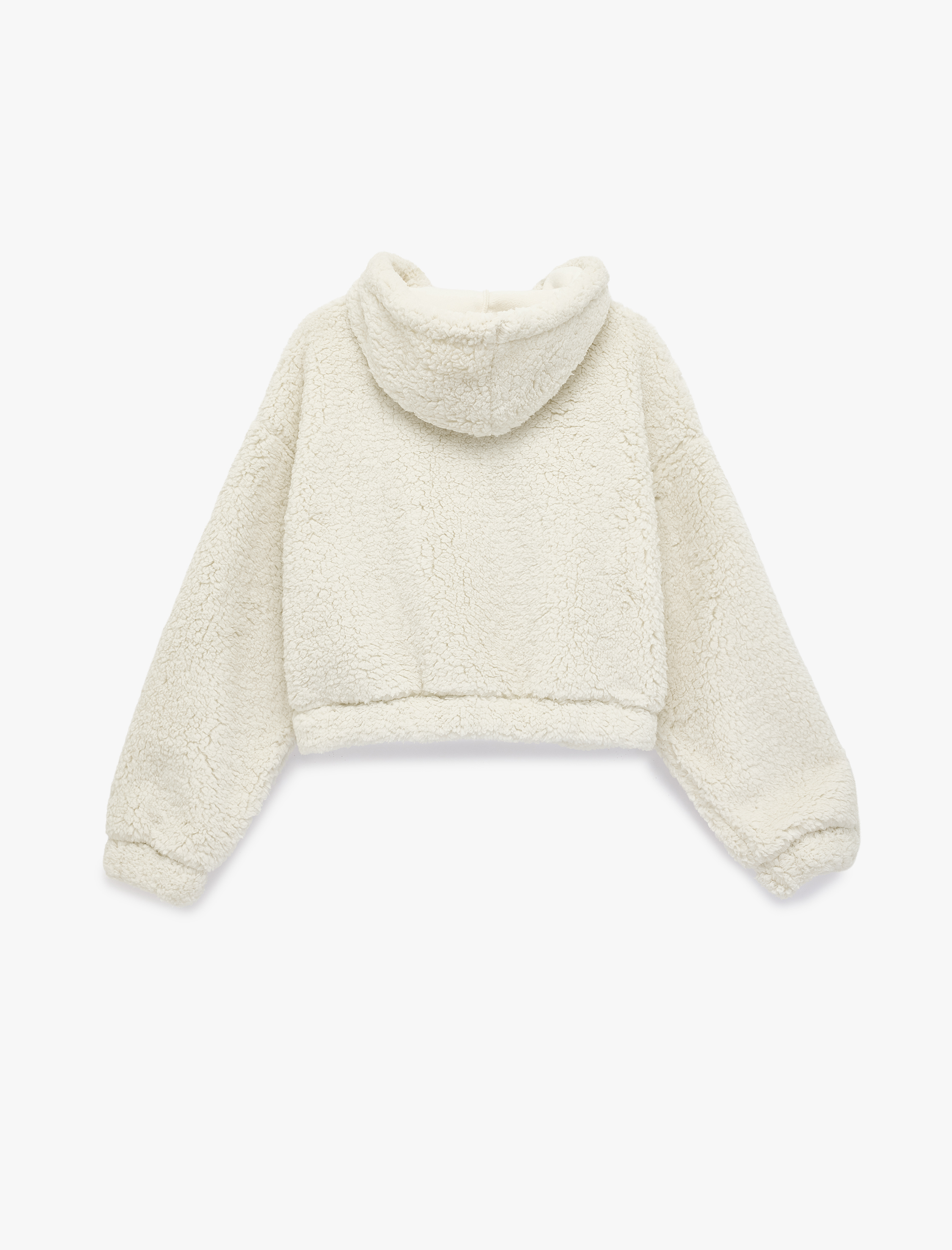   Ayıcık Nakışlı Kapüşonlu Cepli Fermuarlı Crop Peluş Ceket