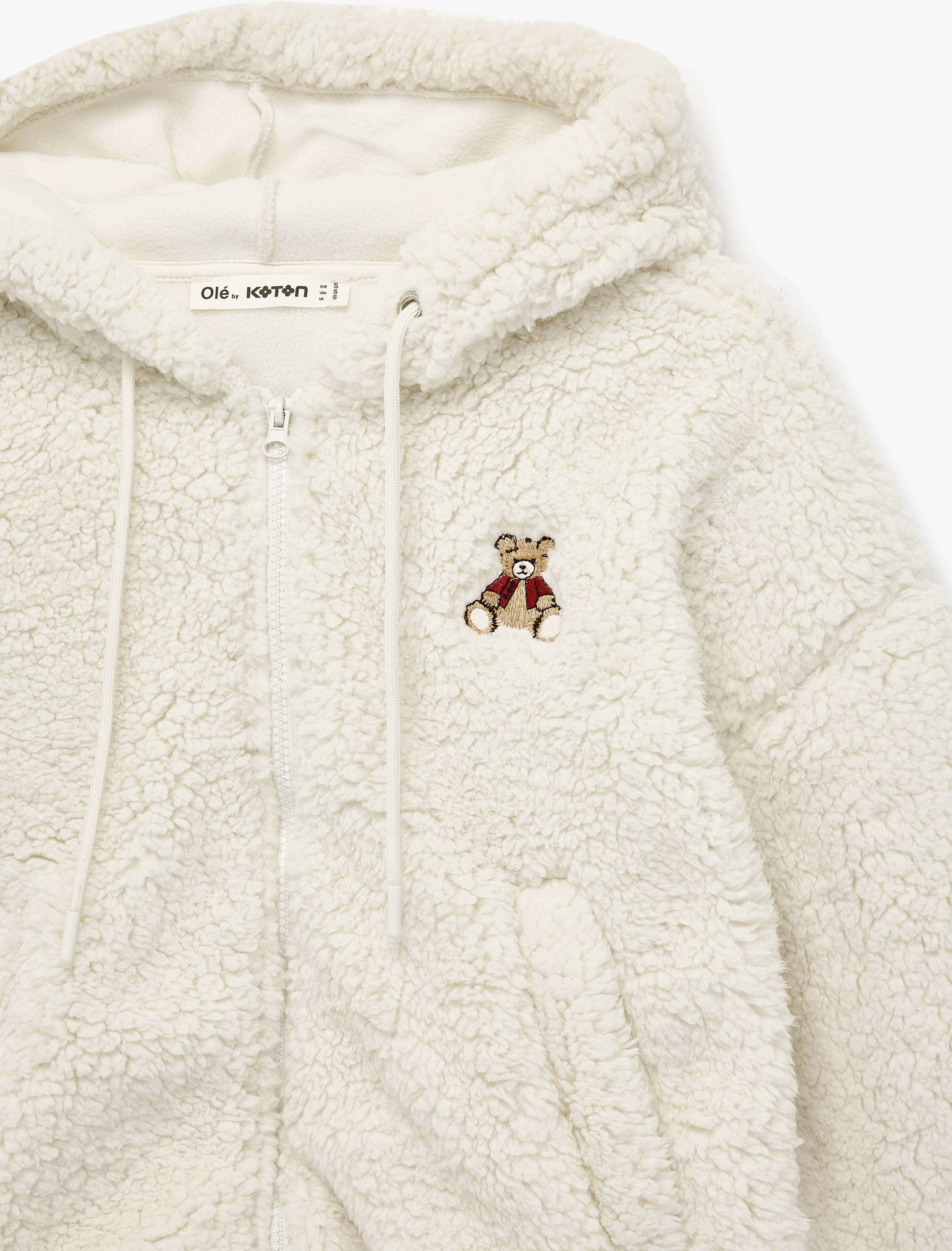   Ayıcık Nakışlı Kapüşonlu Cepli Fermuarlı Crop Peluş Ceket