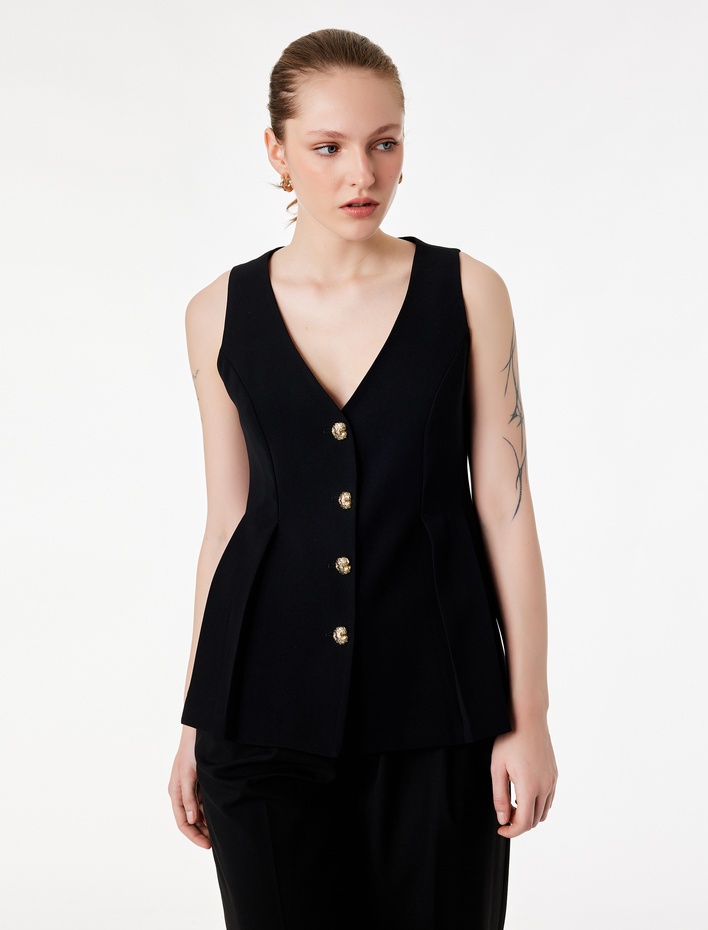  Düğme Detaylı Kolsuz Uzun V Yaka Yelek