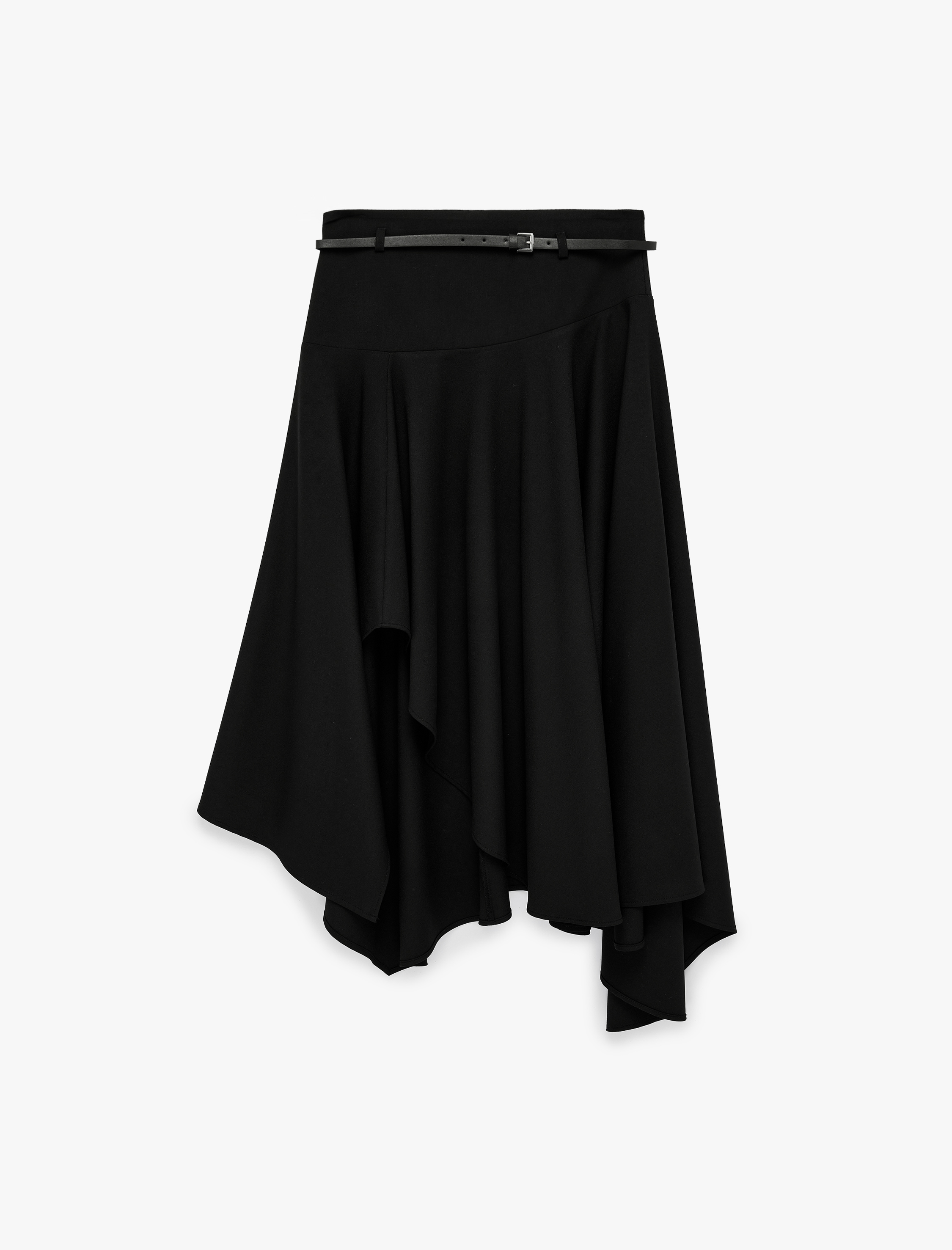   Yüksek Bel Asimetrik Kesim Kemer Detaylı Kloş Midi Etek