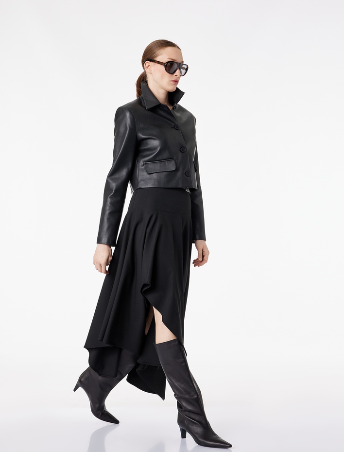  Yüksek Bel Asimetrik Kesim Kemer Detaylı Kloş Midi Etek