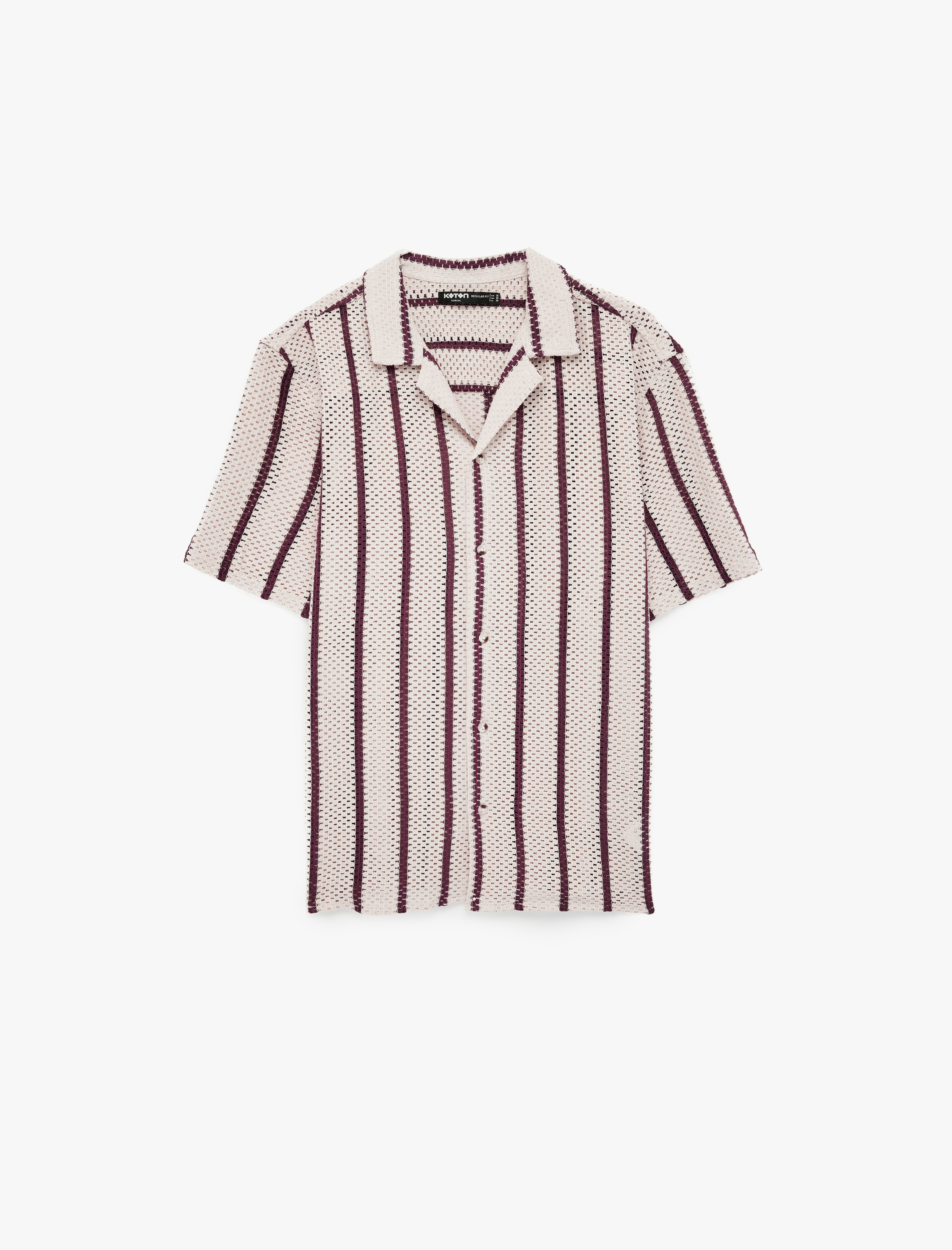   Regular Fit Kısa Kollu Ajurlu Devrik Yaka Çizgili Gömlek