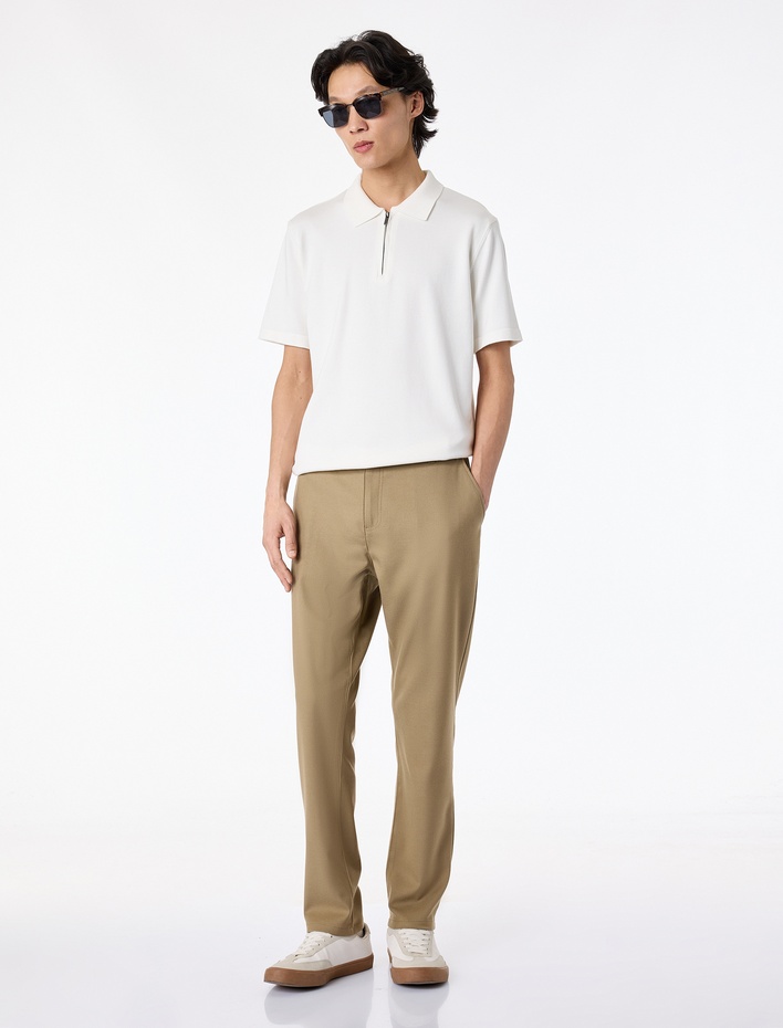  Regular Fit Viskon Yarım Fermuarlı Kısa Kollu Triko Tişört