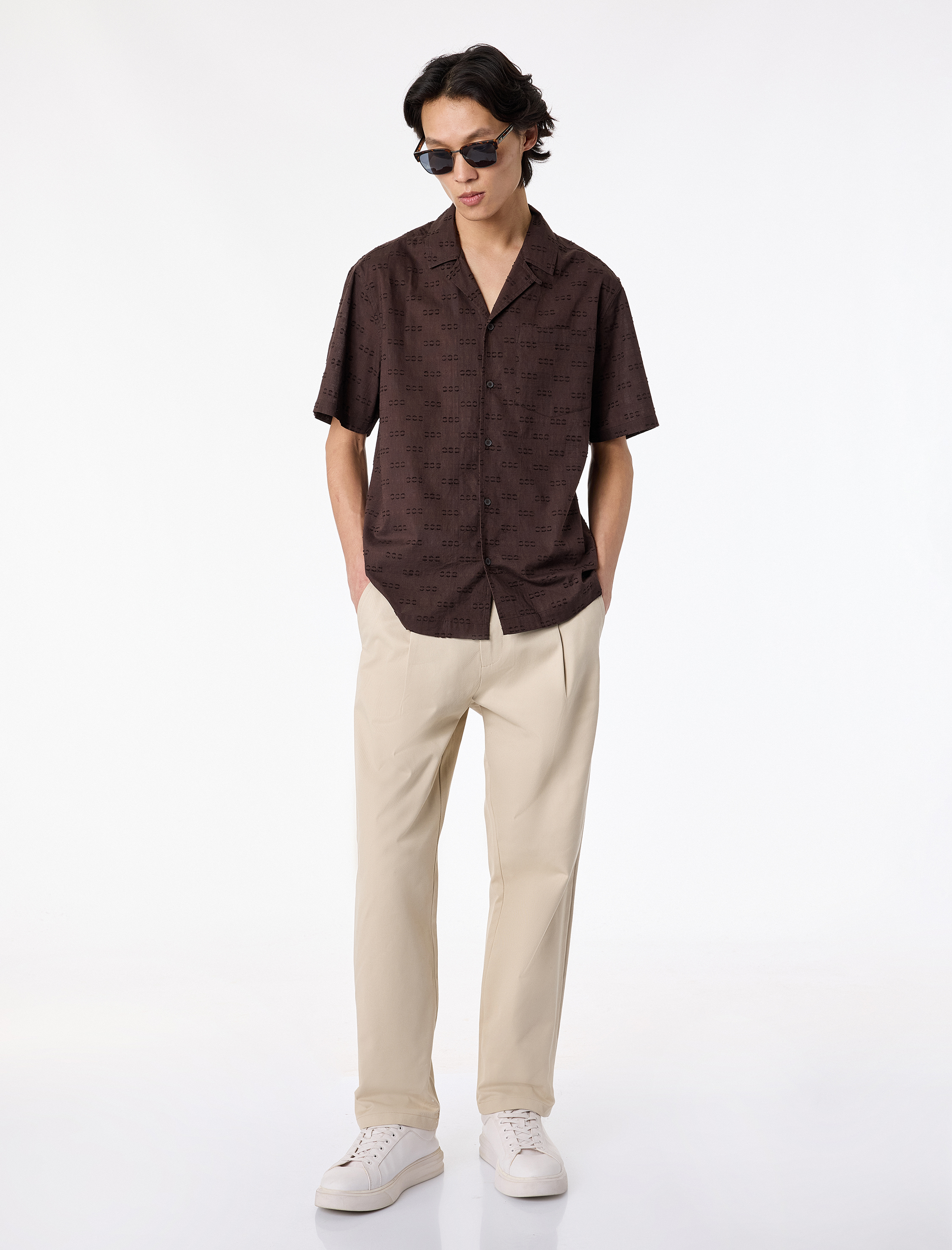   Regular Fit Cepli Devrik Yaka Pamuklu Kısa Kollu Desenli Gömlek